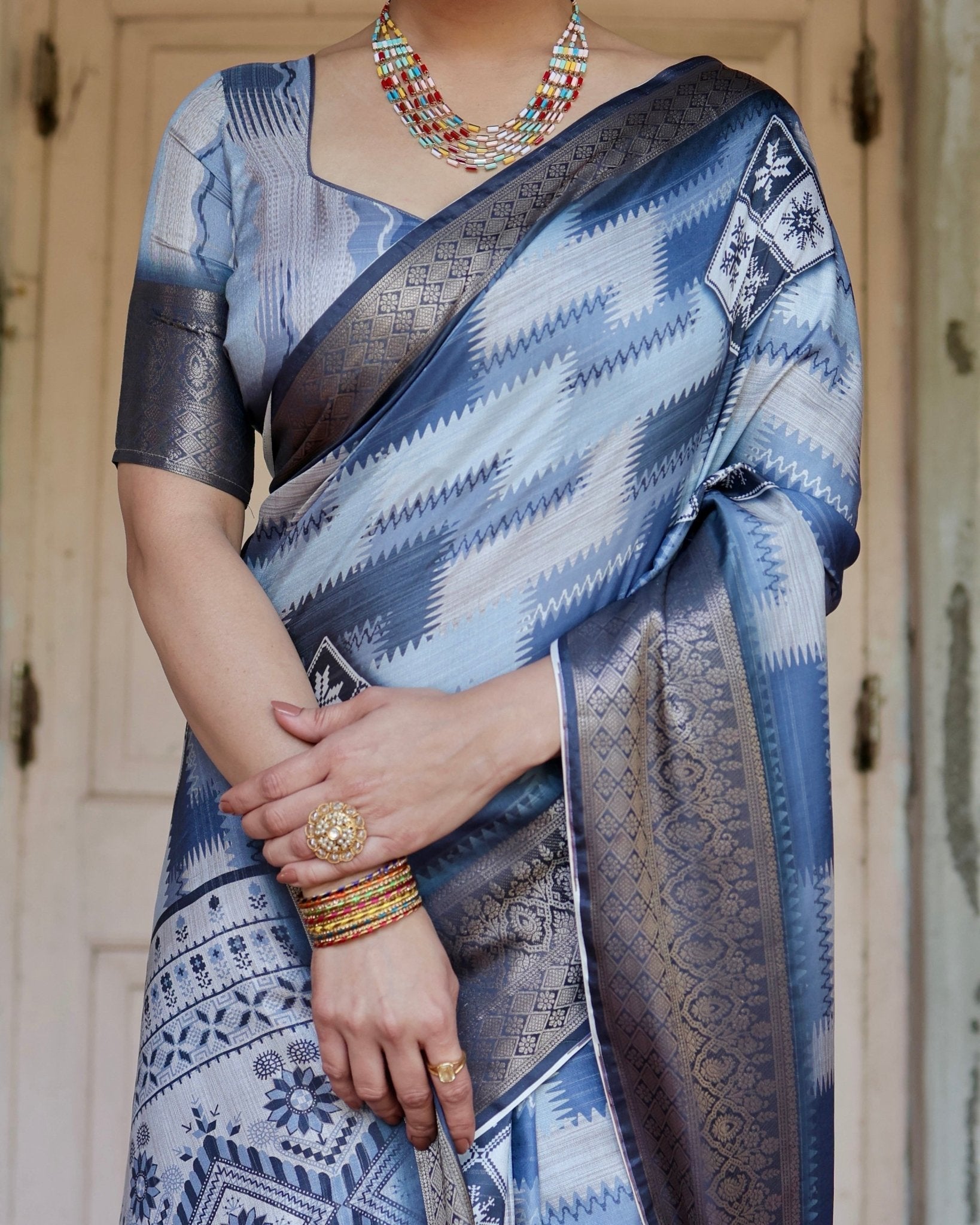 Pure Silk Digitally Printed Saree Weaved With Golden Zari Comes With Tassels