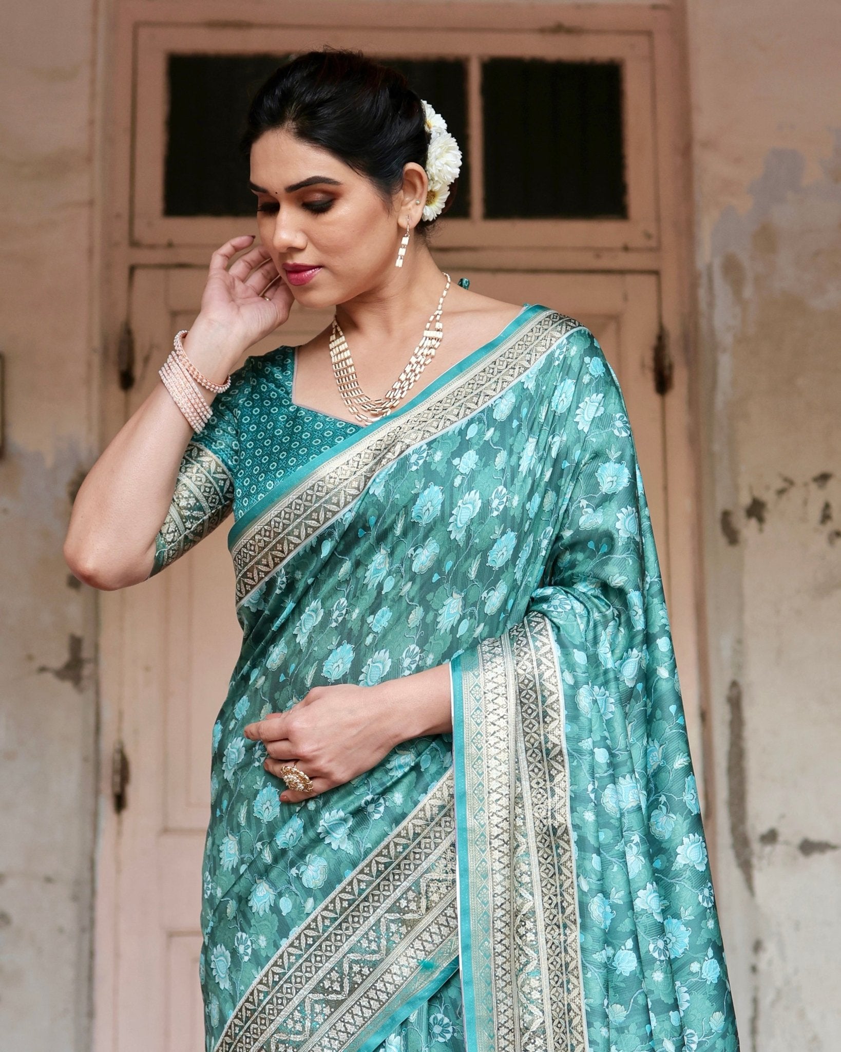 Teal Green Floral Pure Silk Digital Print Saree with Silver Border and Tassels - Fashion Dream Studio