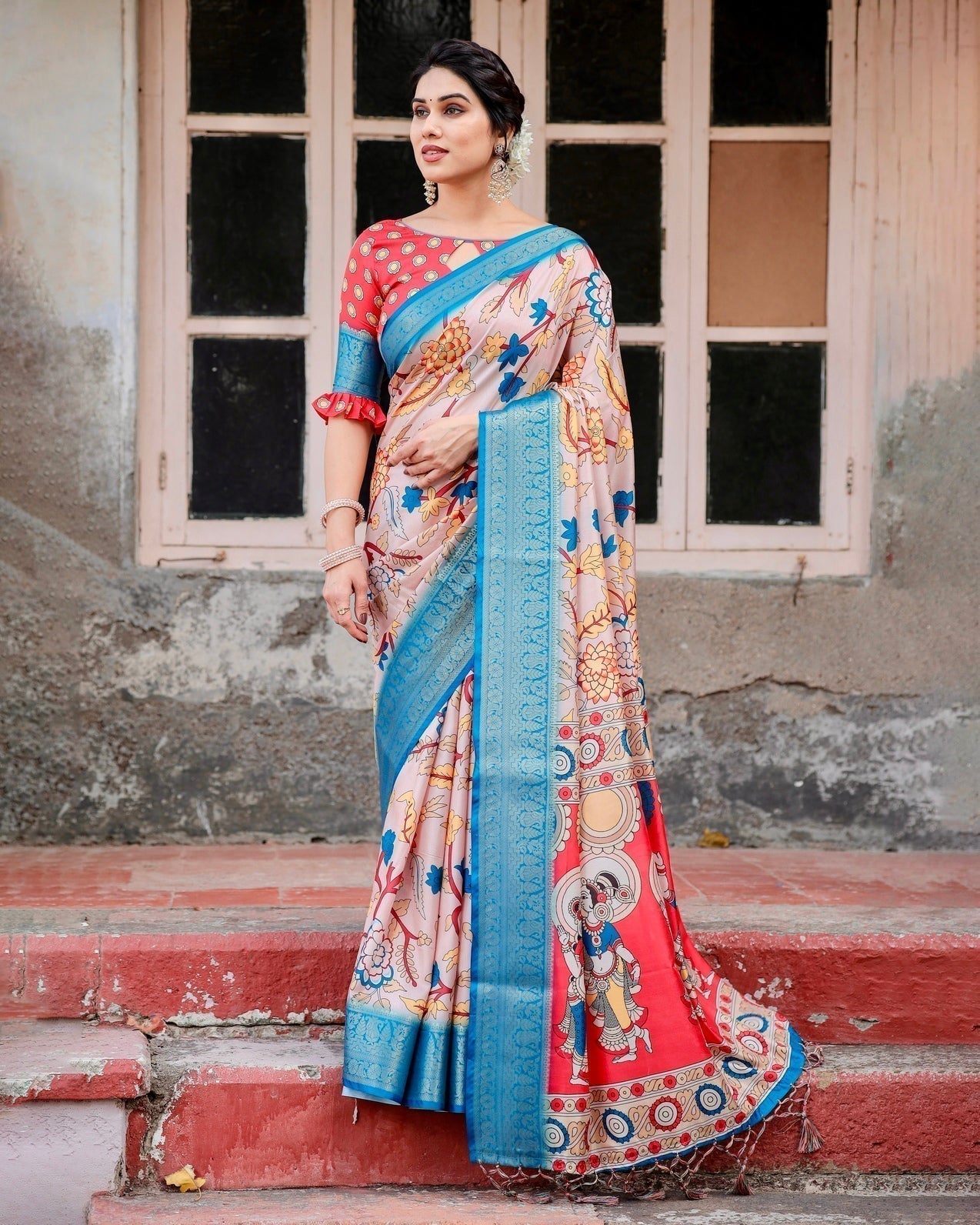 Pure Silk Digitally Printed Saree with Golden Zari and Tassels