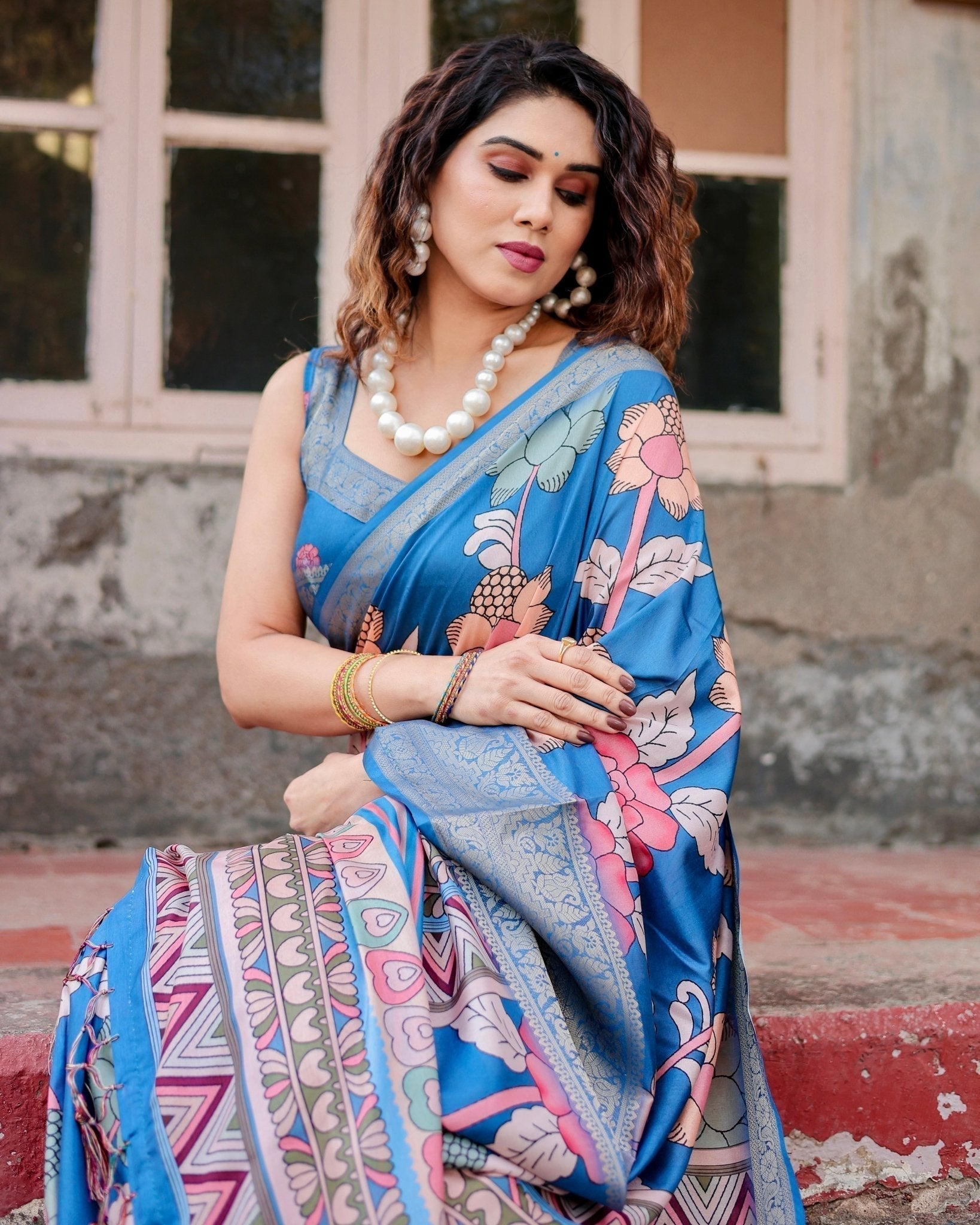 Pure Silk Digitally Printed Saree Weaved With Golden Zari Comes With Tassels - Fashion Dream Studio