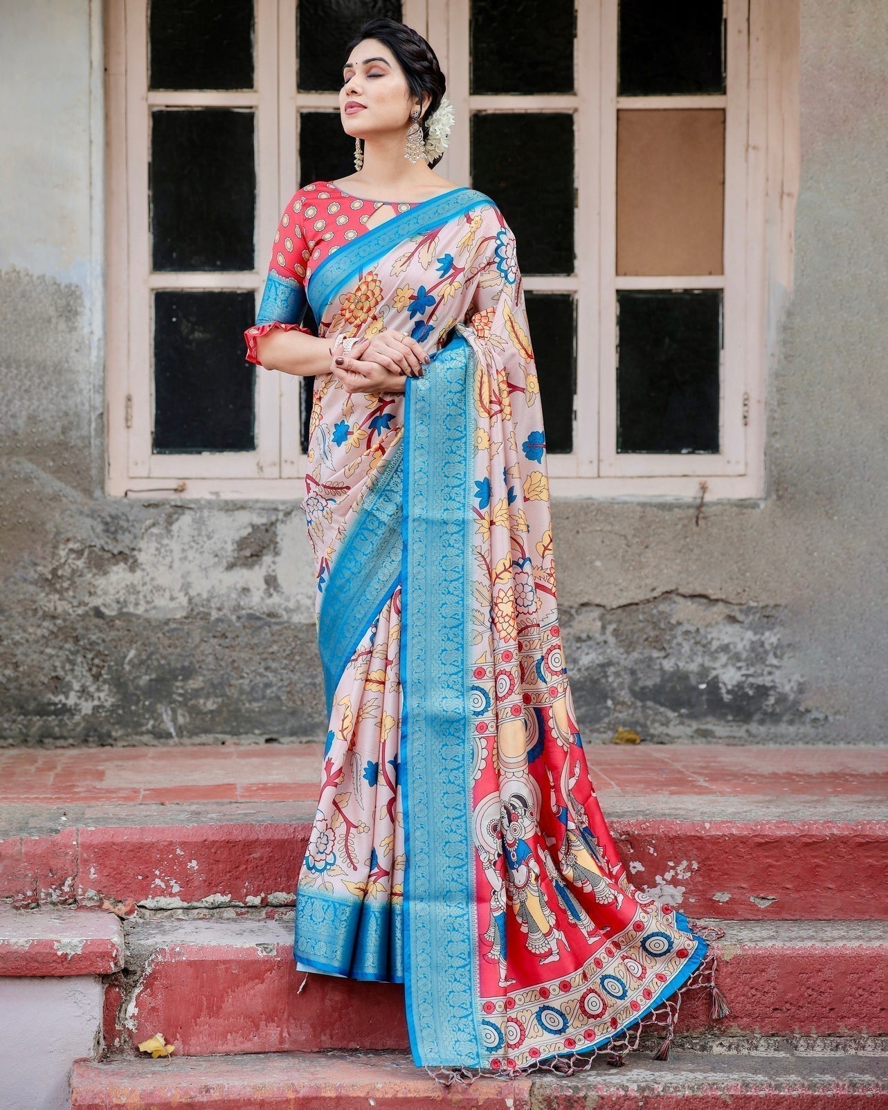 Pure Silk Digitally Printed Saree with Golden Zari and Tassels - Fashion Dream Studio