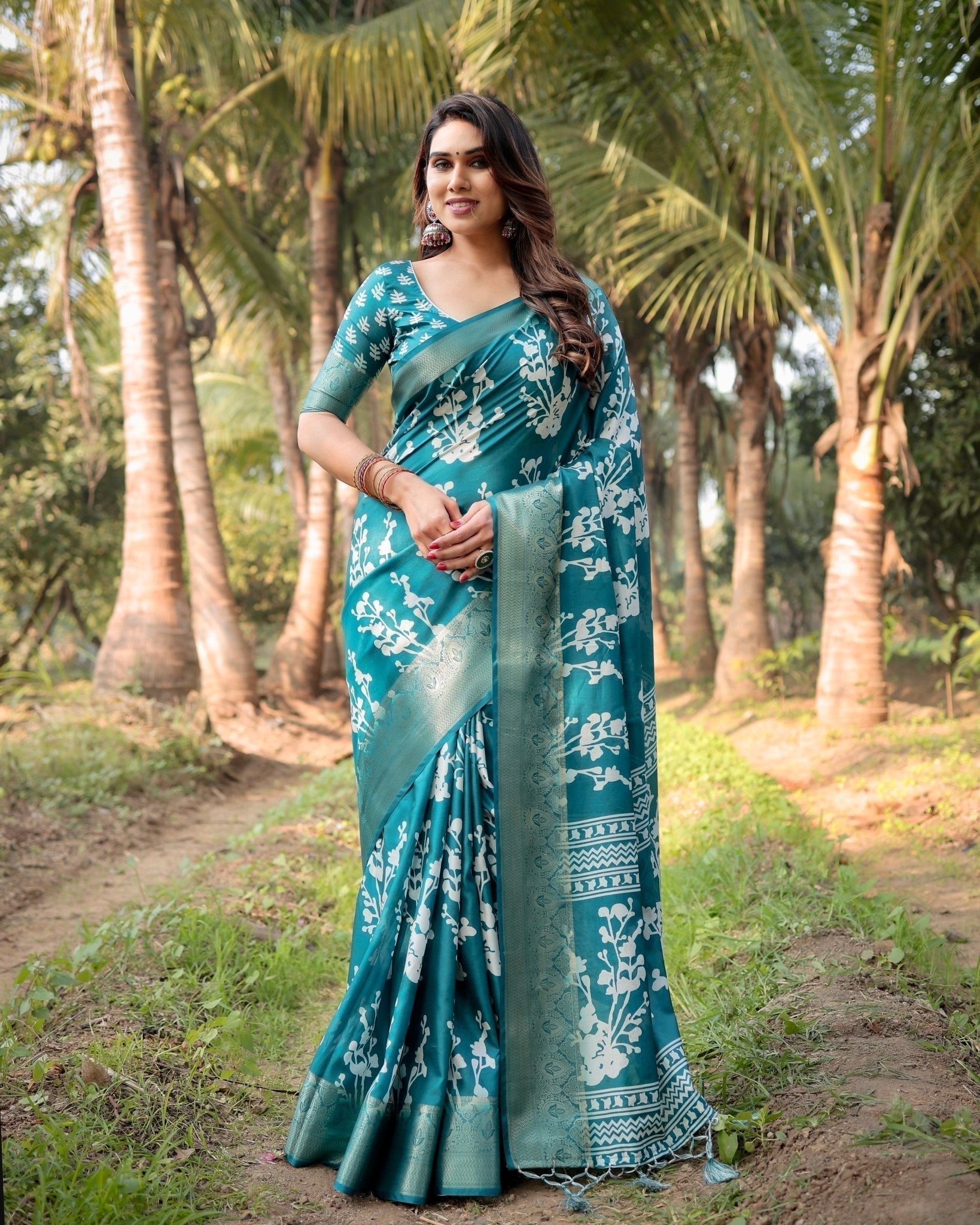 Pure Silk Digitally Printed Saree Weaved With Golden Zari Comes With Tassels - Fashion Dream Studio