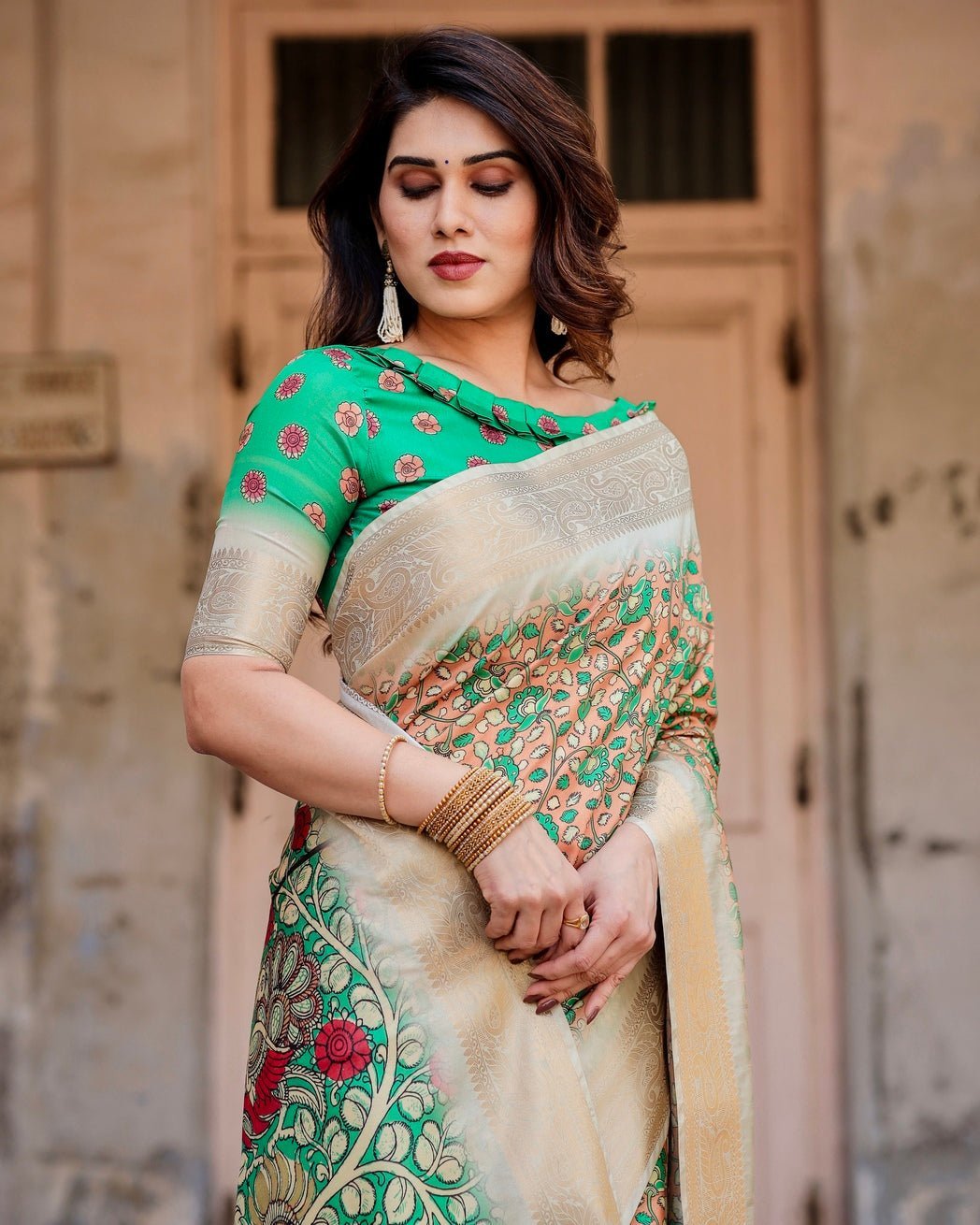 Pure Silk Digitally Printed Saree Weaved With Golden Zari Comes With Tassels - Fashion Dream Studio