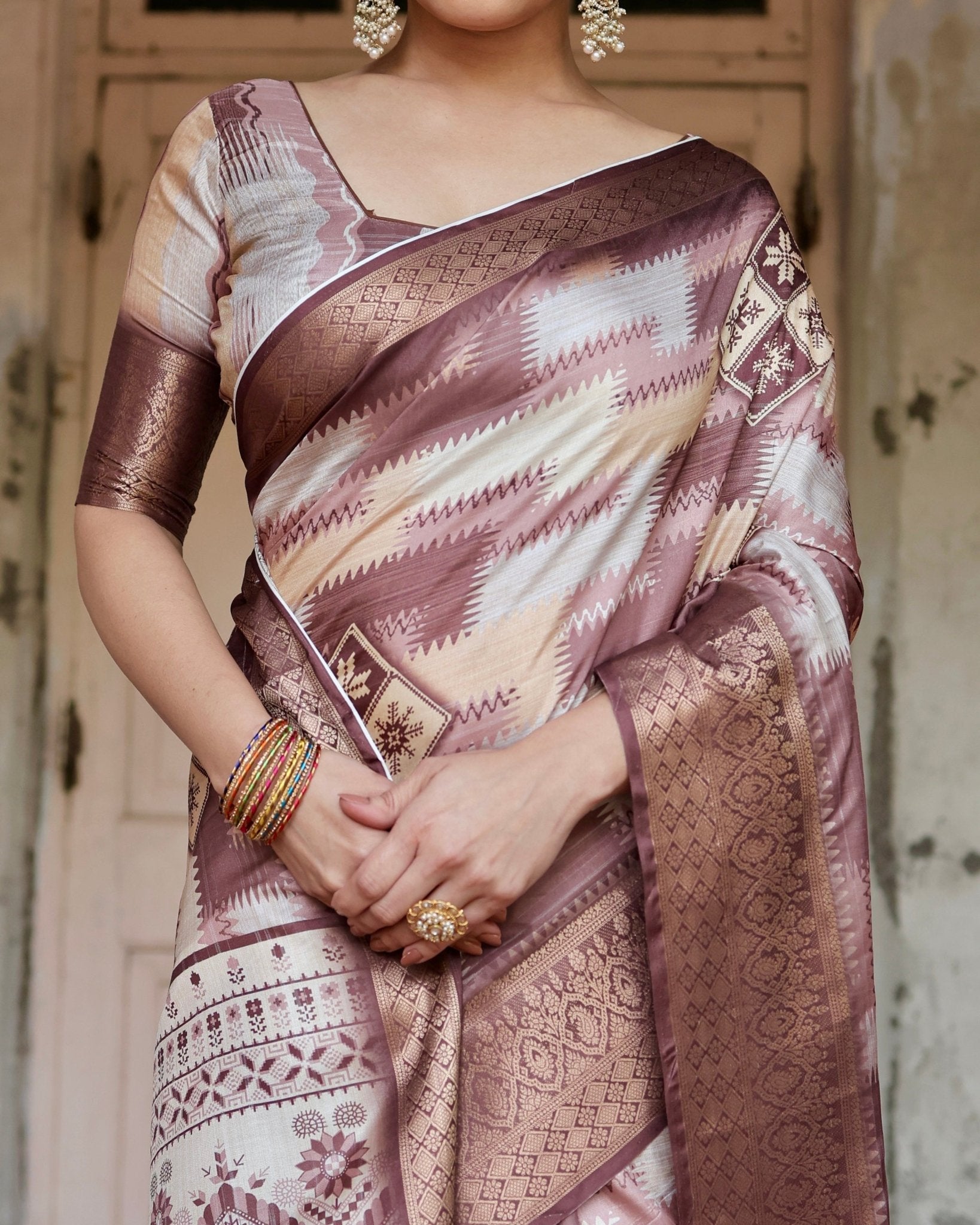 Pure Silk Digitally Printed Saree Weaved With Golden Zari Comes With Tassels