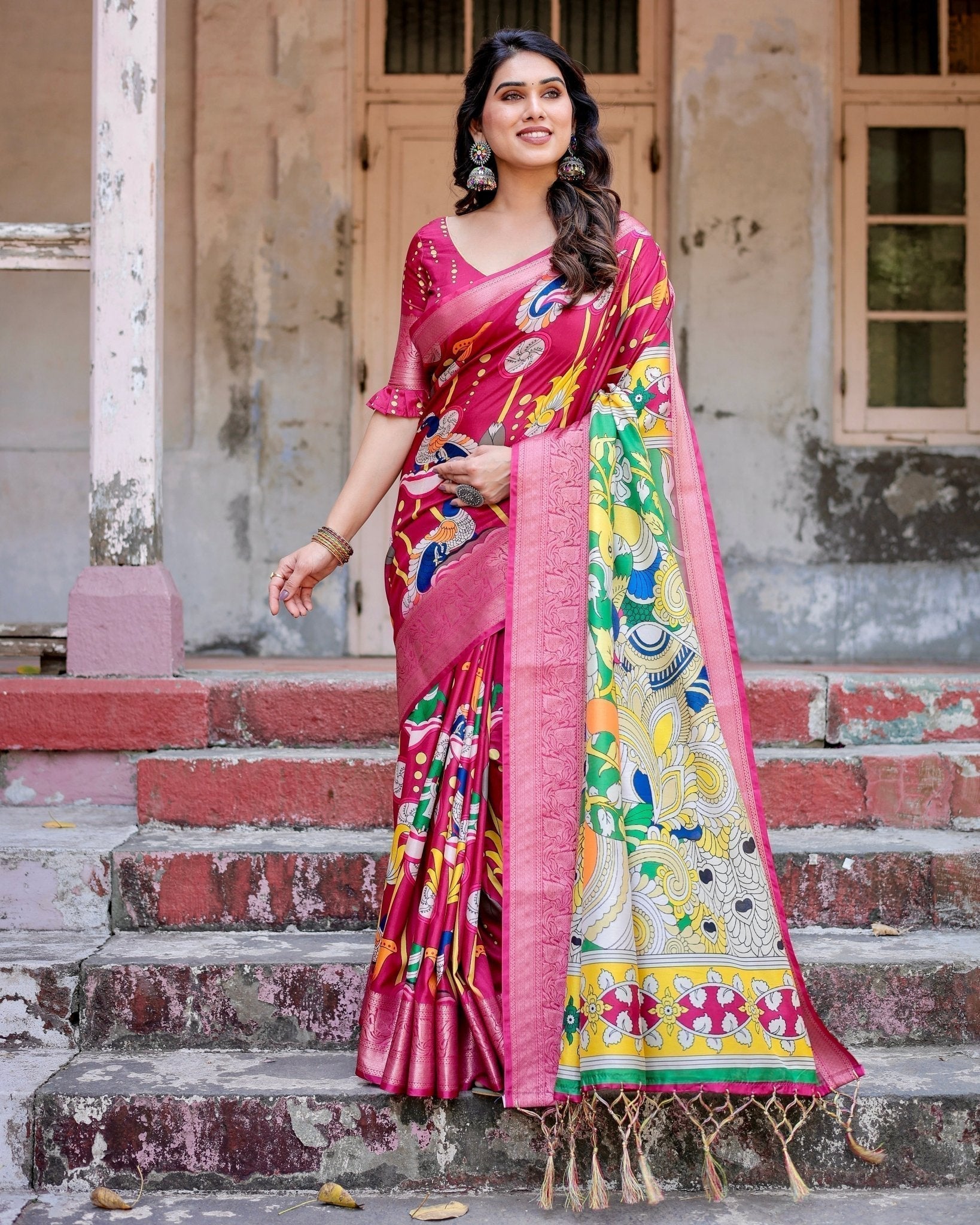 Pure Silk Digitally Printed Saree with Golden Zari and Tassels - Fashion Dream Studio