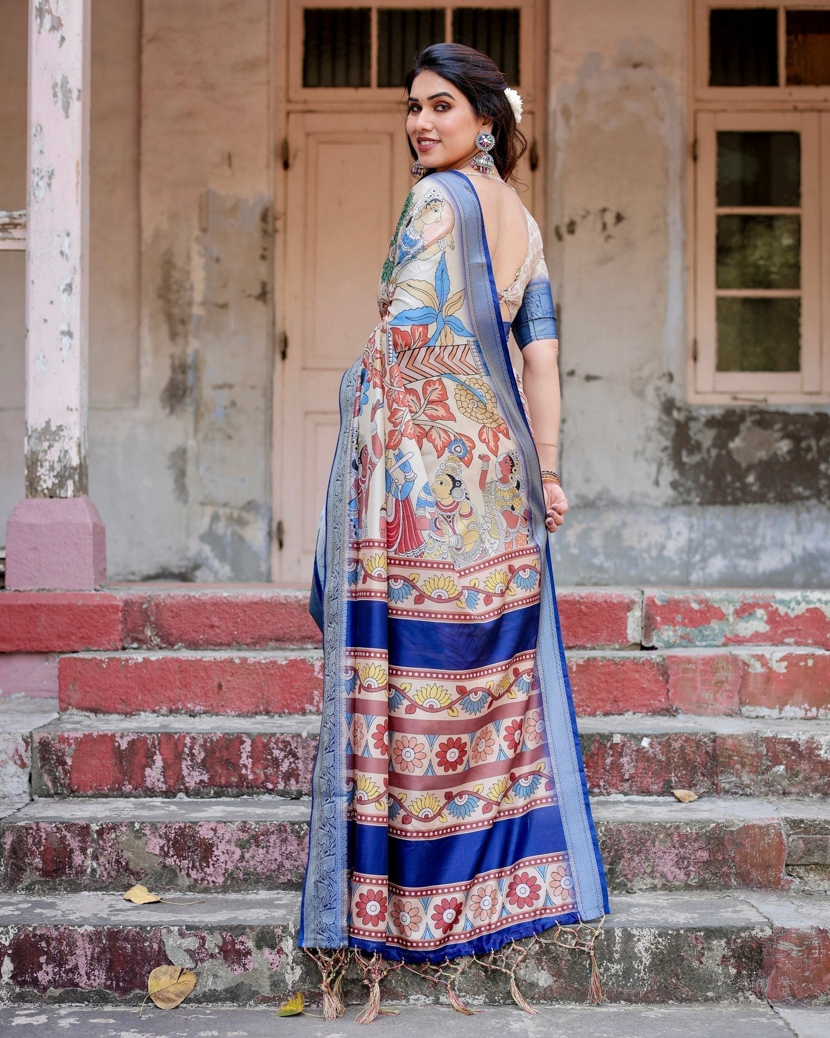 Pure Silk Digitally Printed Saree with Golden Zari and Tassels - Fashion Dream Studio