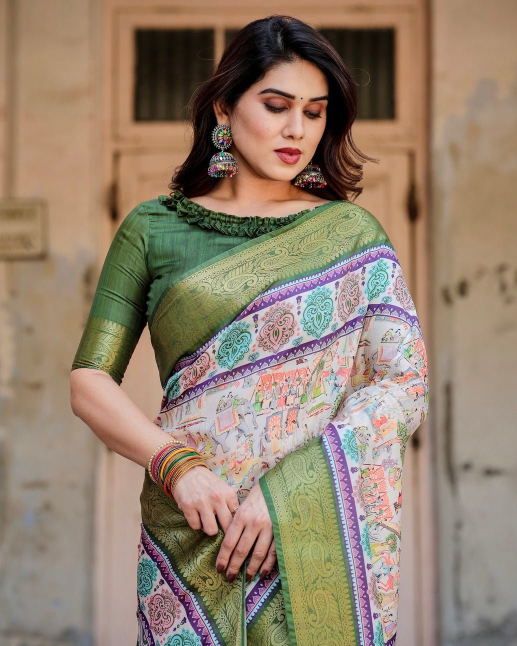 Pure Silk Digitally Printed Saree Weaved With Golden Zari Comes With Tassels - Fashion Dream Studio