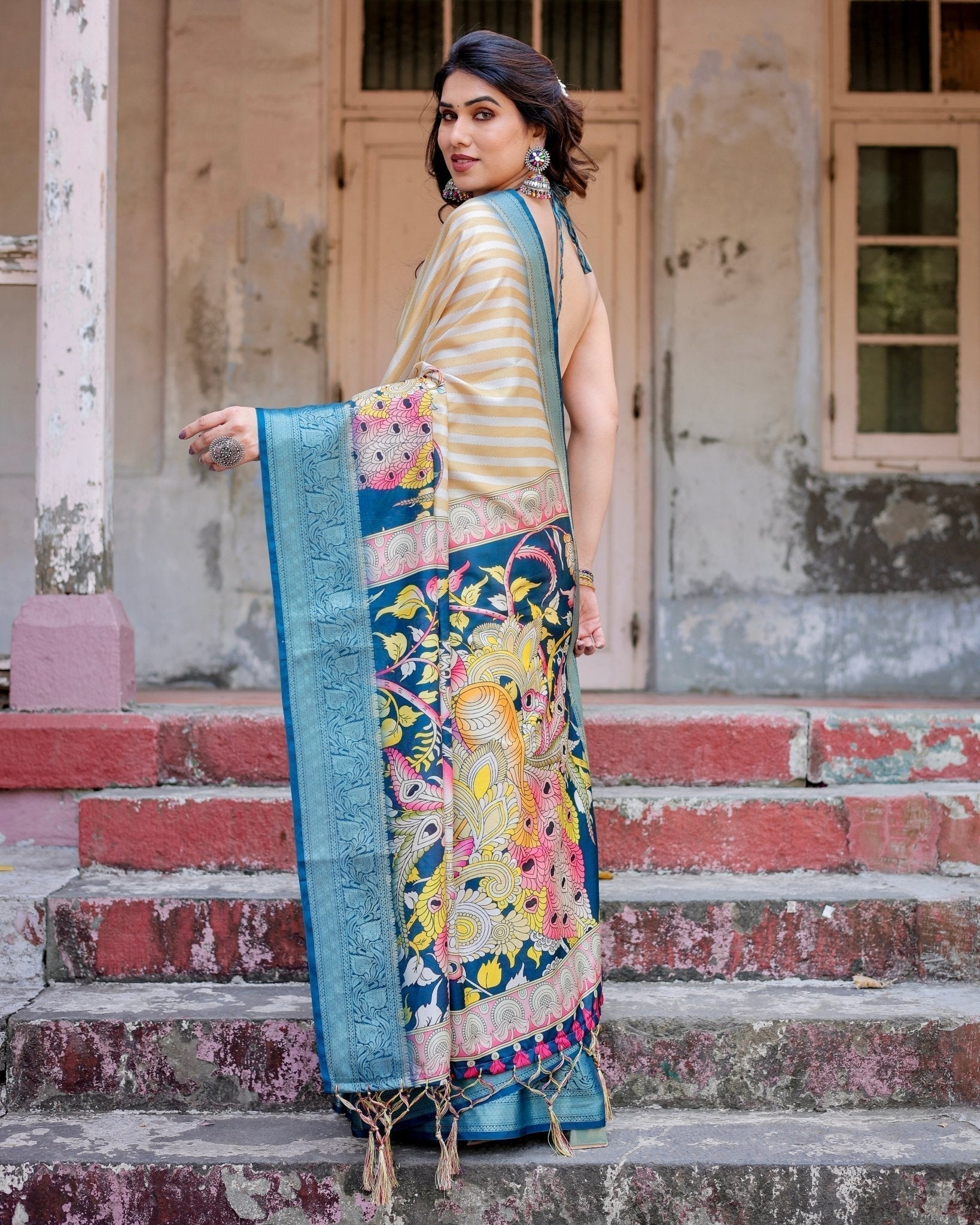 Pure Silk Digitally Printed Saree with Golden Zari and Tassels - Fashion Dream Studio