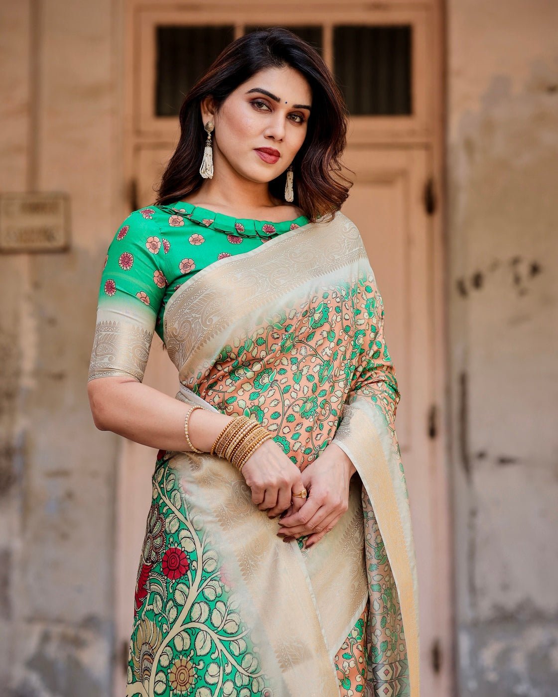 Pure Silk Digitally Printed Saree Weaved With Golden Zari Comes With Tassels - Fashion Dream Studio