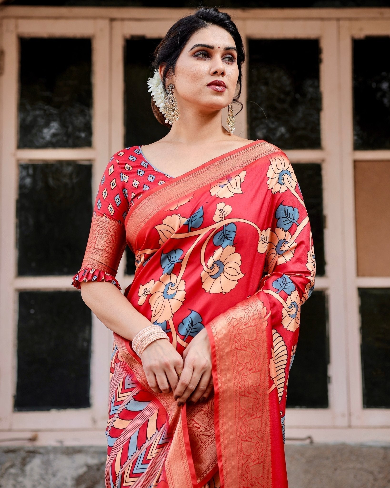 Pure Silk Digitally Printed Saree Weaved With Golden Zari Comes With Tassels - Fashion Dream Studio