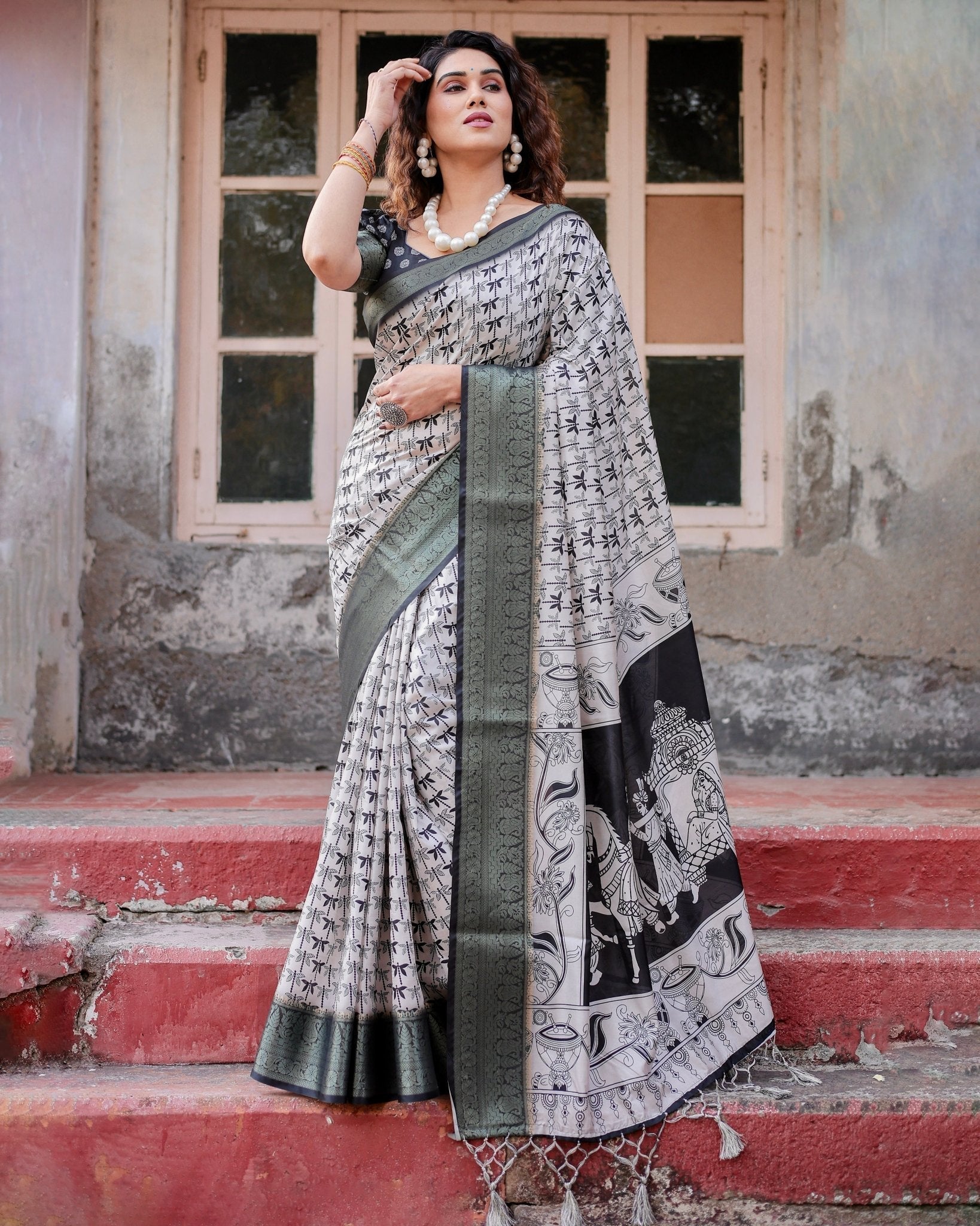 Pure Silk Digitally Printed Saree Weaved With Golden Zari Comes With Tassels - Fashion Dream Studio