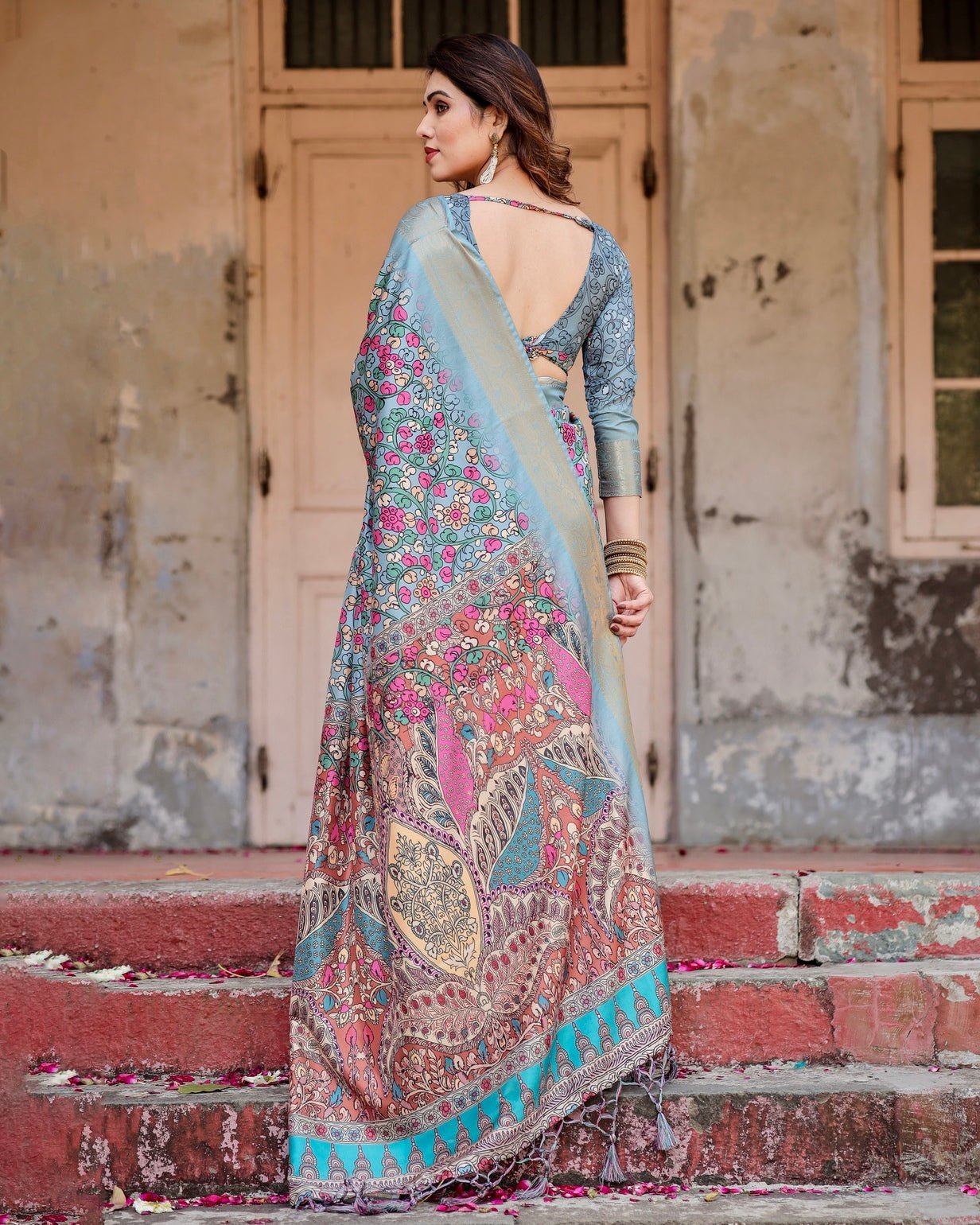 Pure Silk Digitally Printed Saree Weaved With Golden Zari Comes With Tassels - Fashion Dream Studio