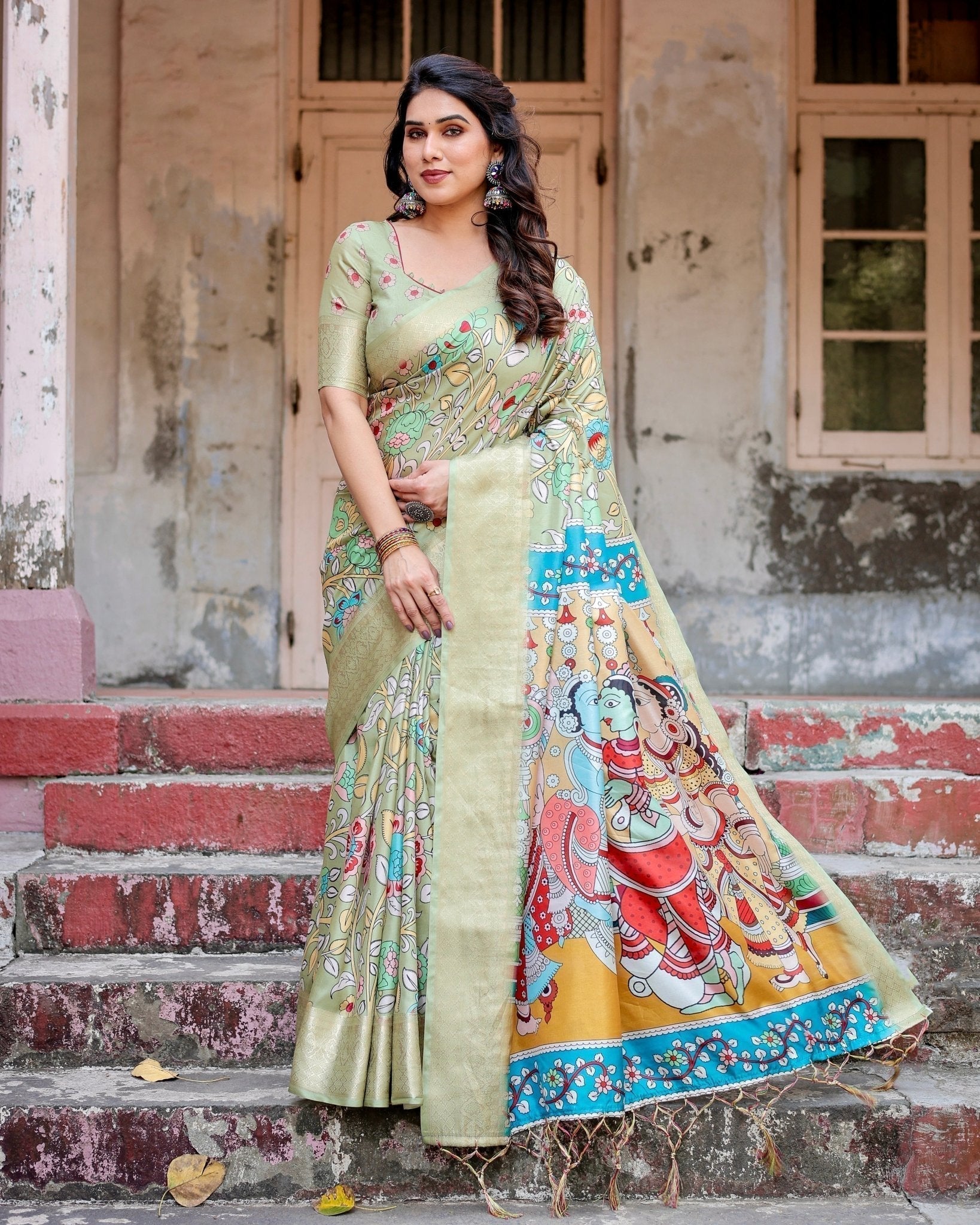 Pure Silk Digitally Printed Saree with Golden Zari and Tassels - Fashion Dream Studio