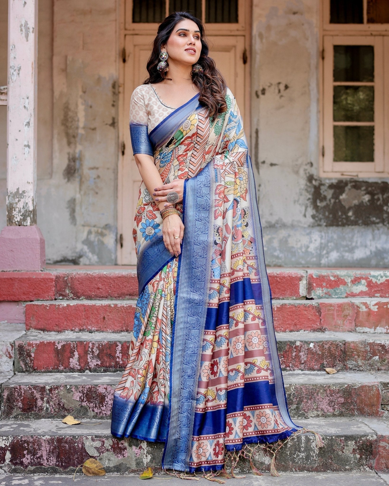 Pure Silk Digitally Printed Saree with Golden Zari and Tassels - Fashion Dream Studio