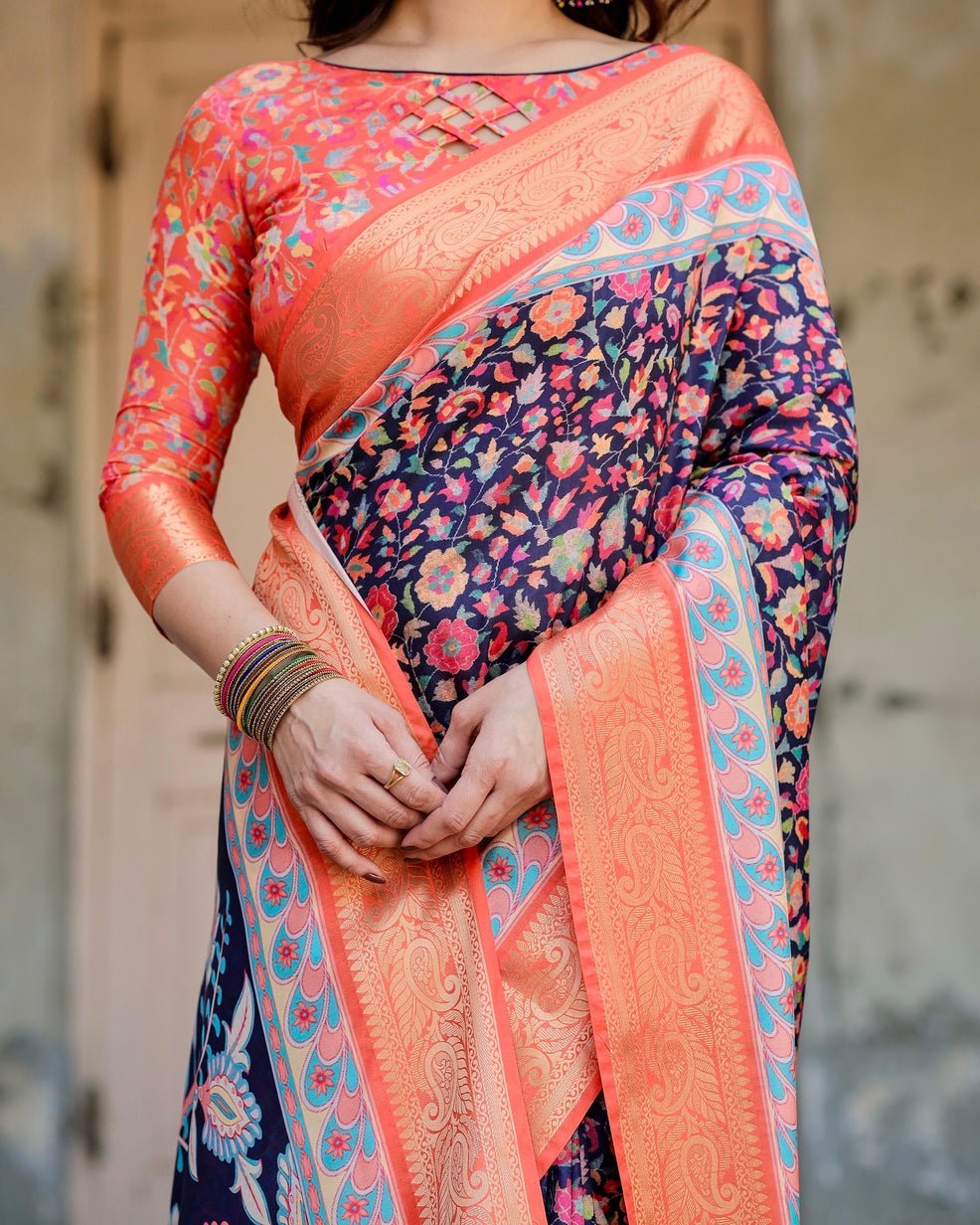 Pure Silk Digitally Printed Saree Weaved With Golden Zari Comes With Tassels