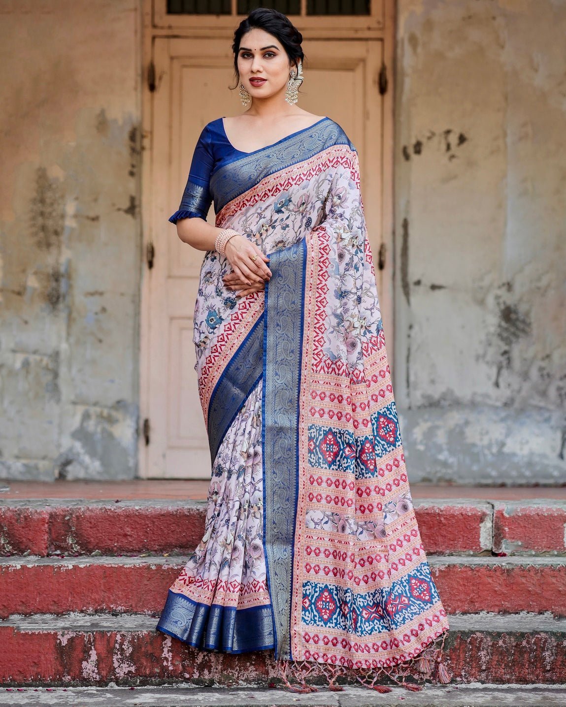 Pure Silk Digitally Printed Saree Weaved With Golden Zari Comes With Tassels