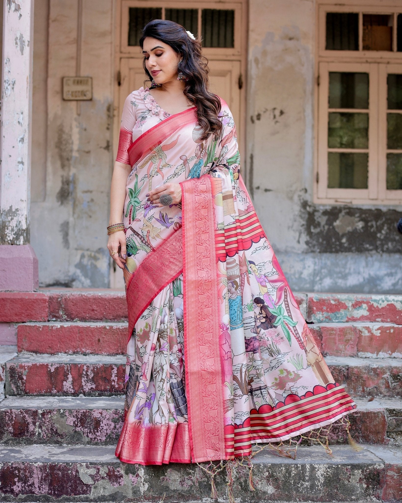 Pure Silk Digitally Printed Saree with Golden Zari and Tassels - Fashion Dream Studio