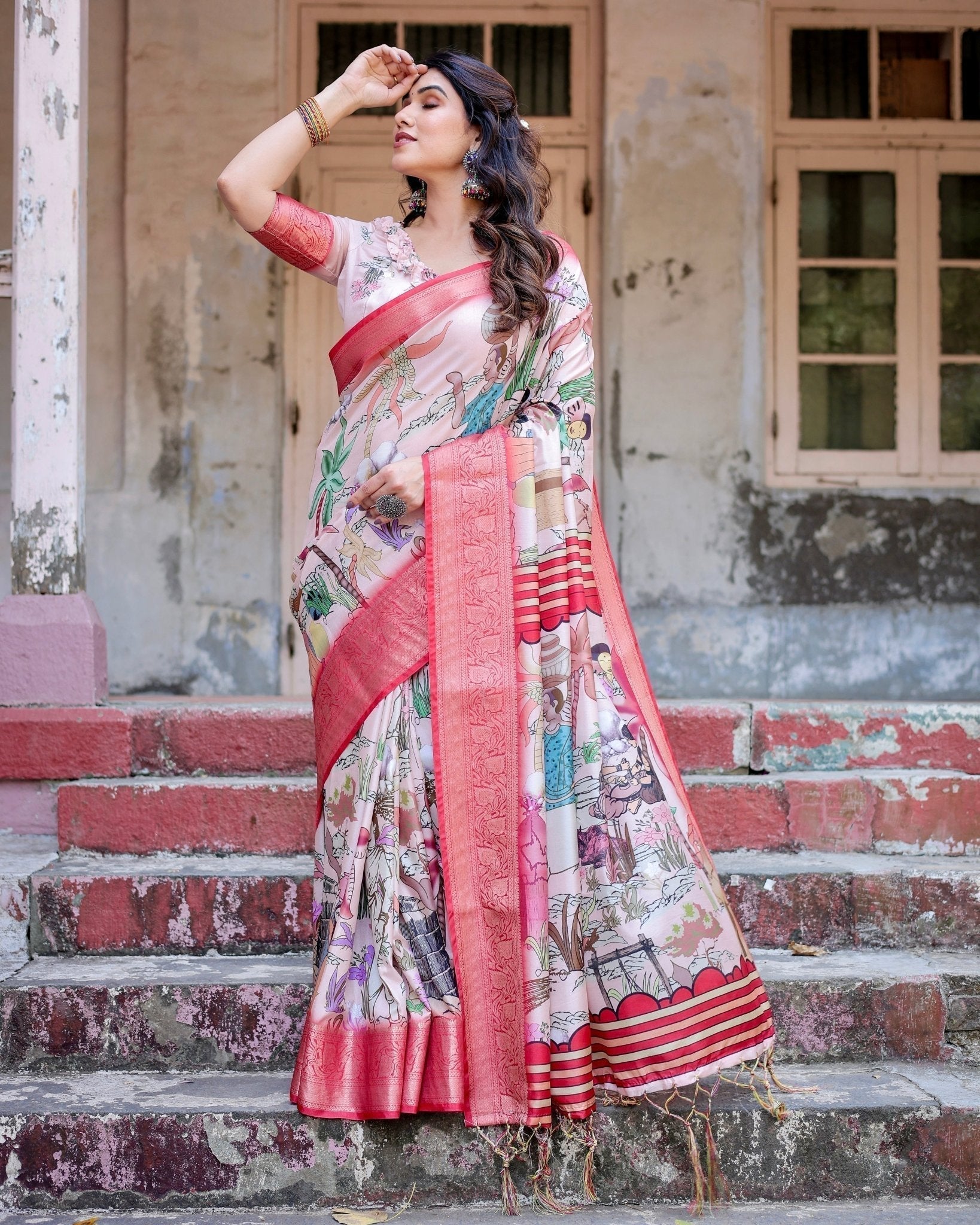 Pure Silk Digitally Printed Saree with Golden Zari and Tassels - Fashion Dream Studio