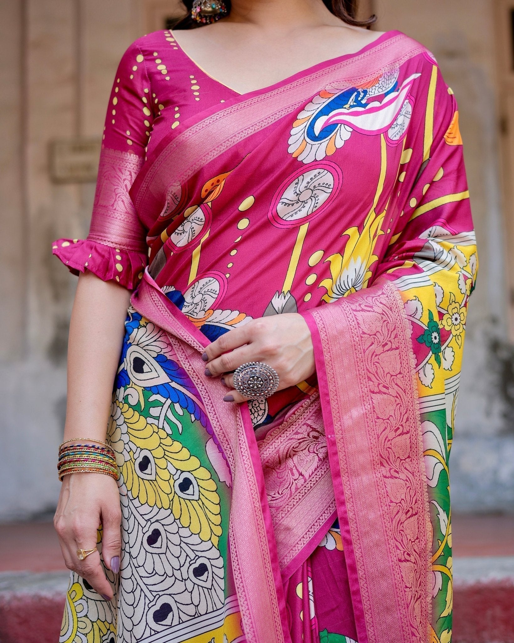 Pure Silk Digitally Printed Saree with Golden Zari and Tassels - Fashion Dream Studio