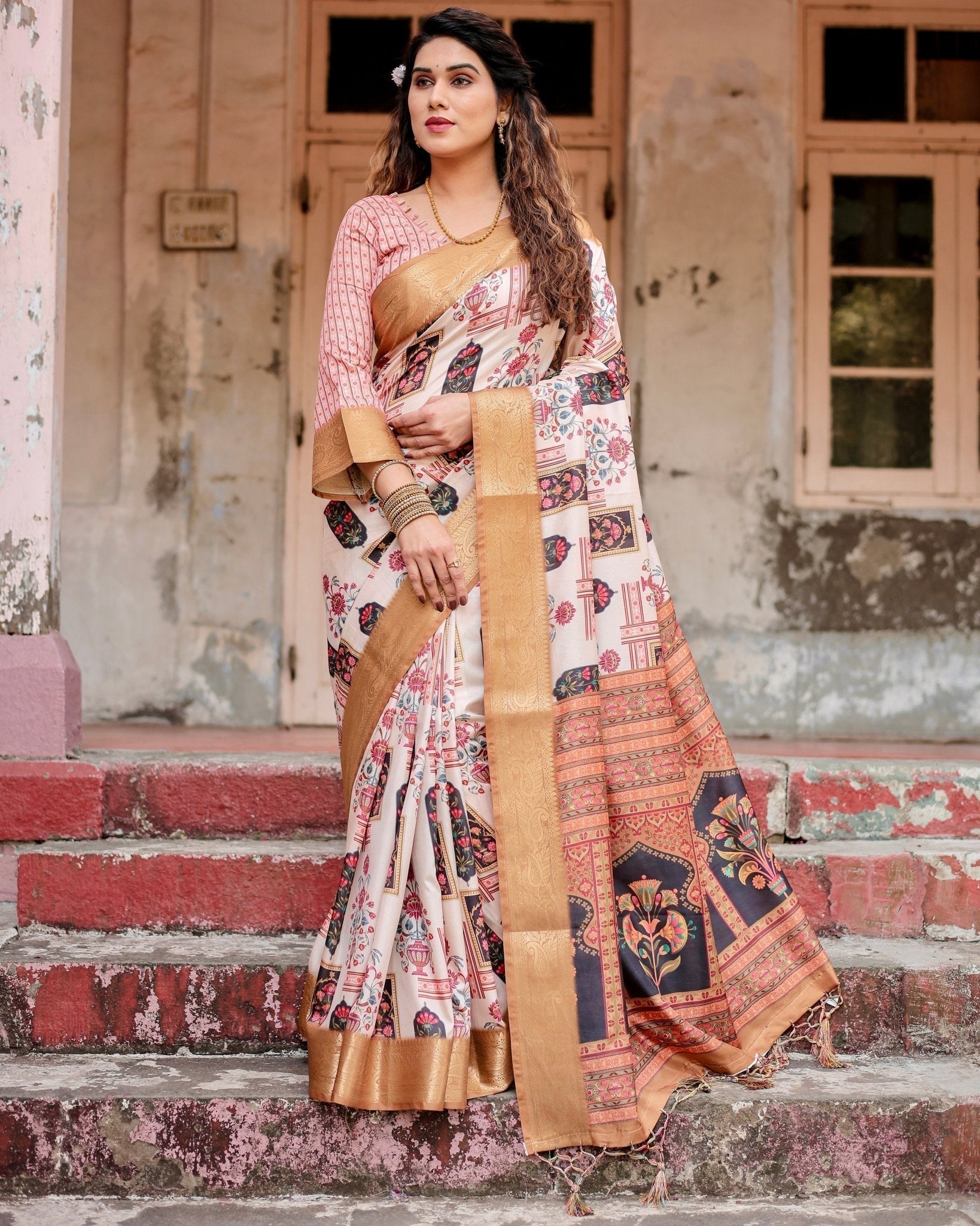 Pure Silk Digitally Printed Saree Weaved With Golden Zari Comes With Tassels - Fashion Dream Studio