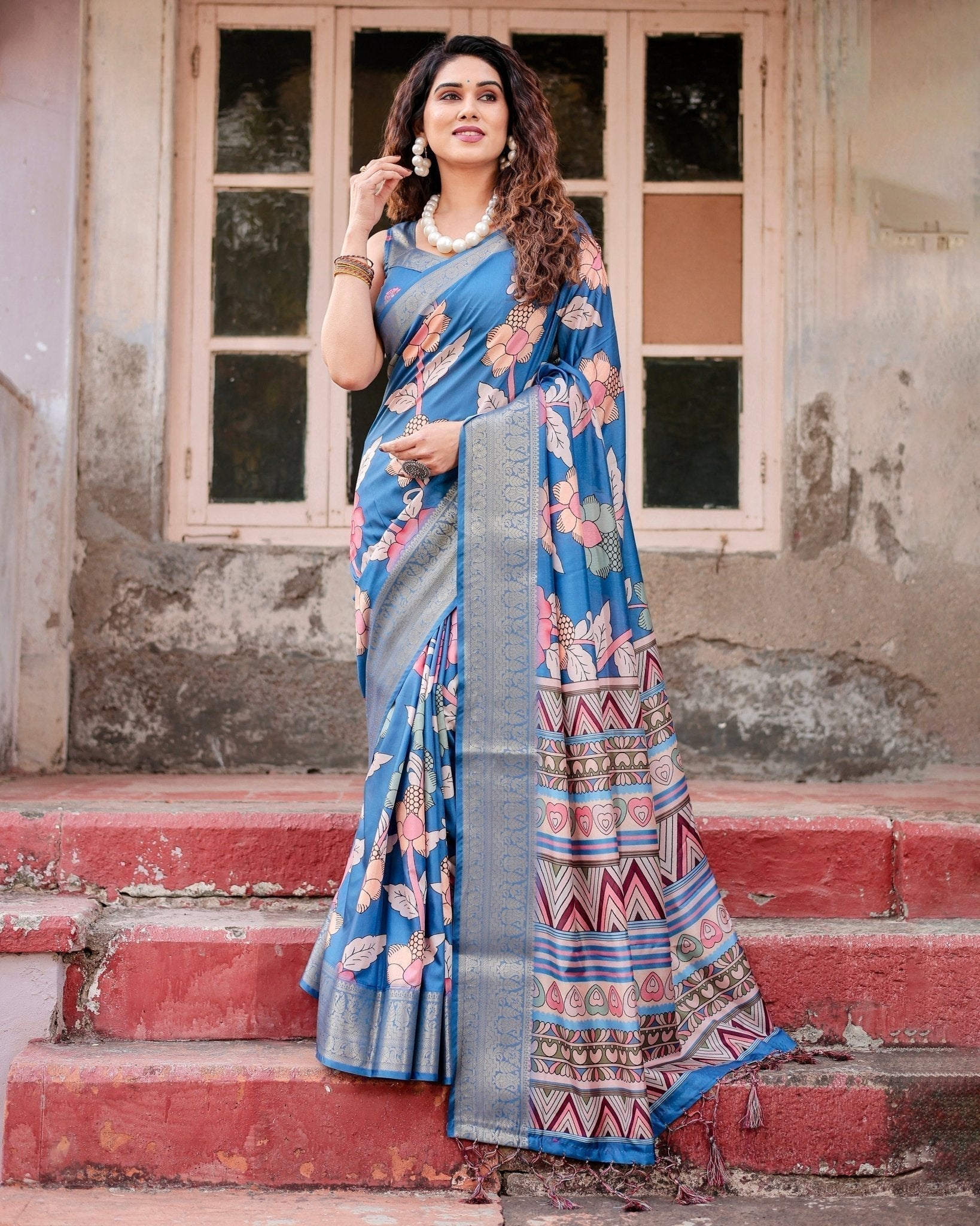 Pure Silk Digitally Printed Saree Weaved With Golden Zari Comes With Tassels - Fashion Dream Studio