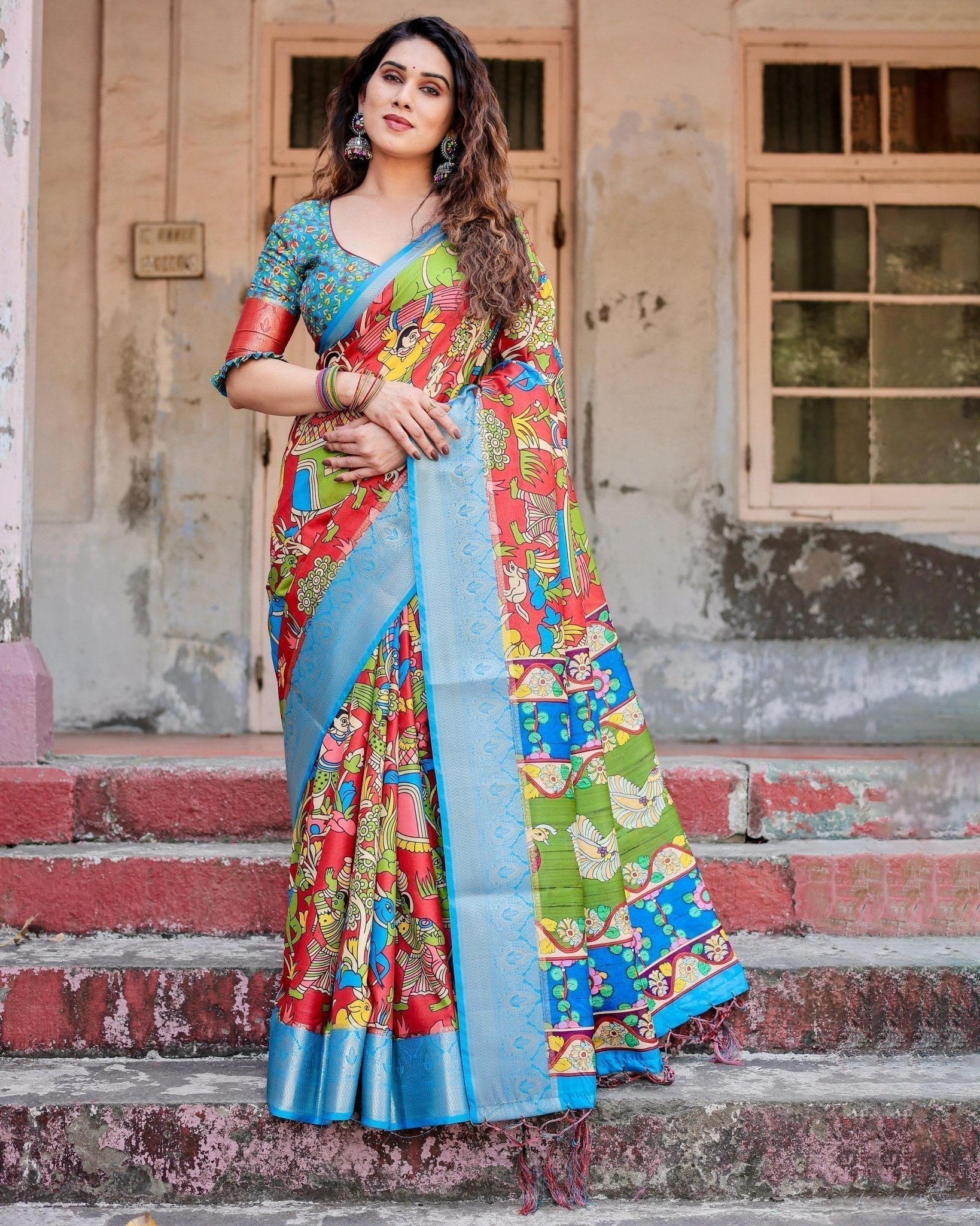 Pure Silk Digitally Printed Saree Weaved With Golden Zari Comes With Tassels