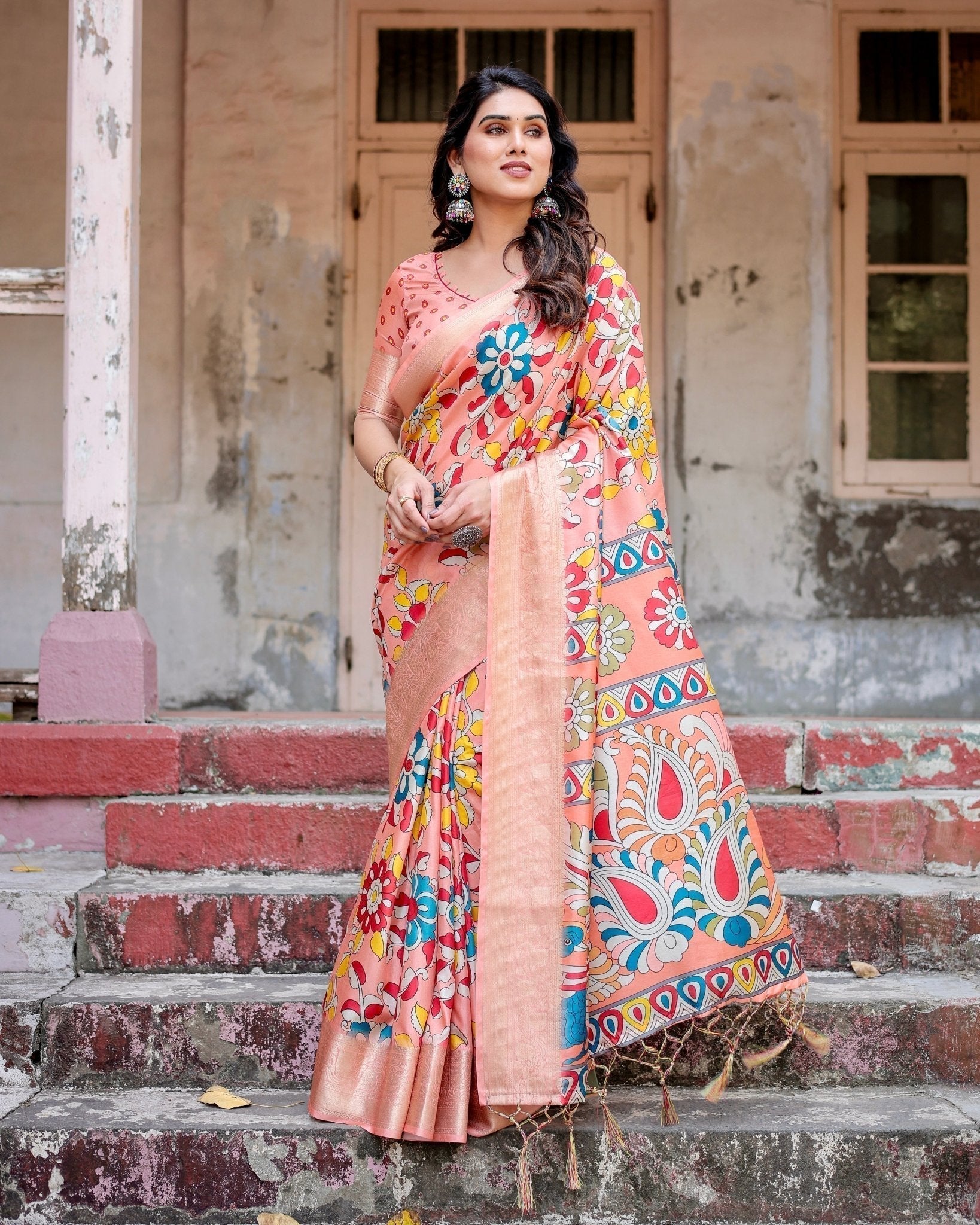 Pure Silk Digitally Printed Saree with Golden Zari and Tassels - Fashion Dream Studio