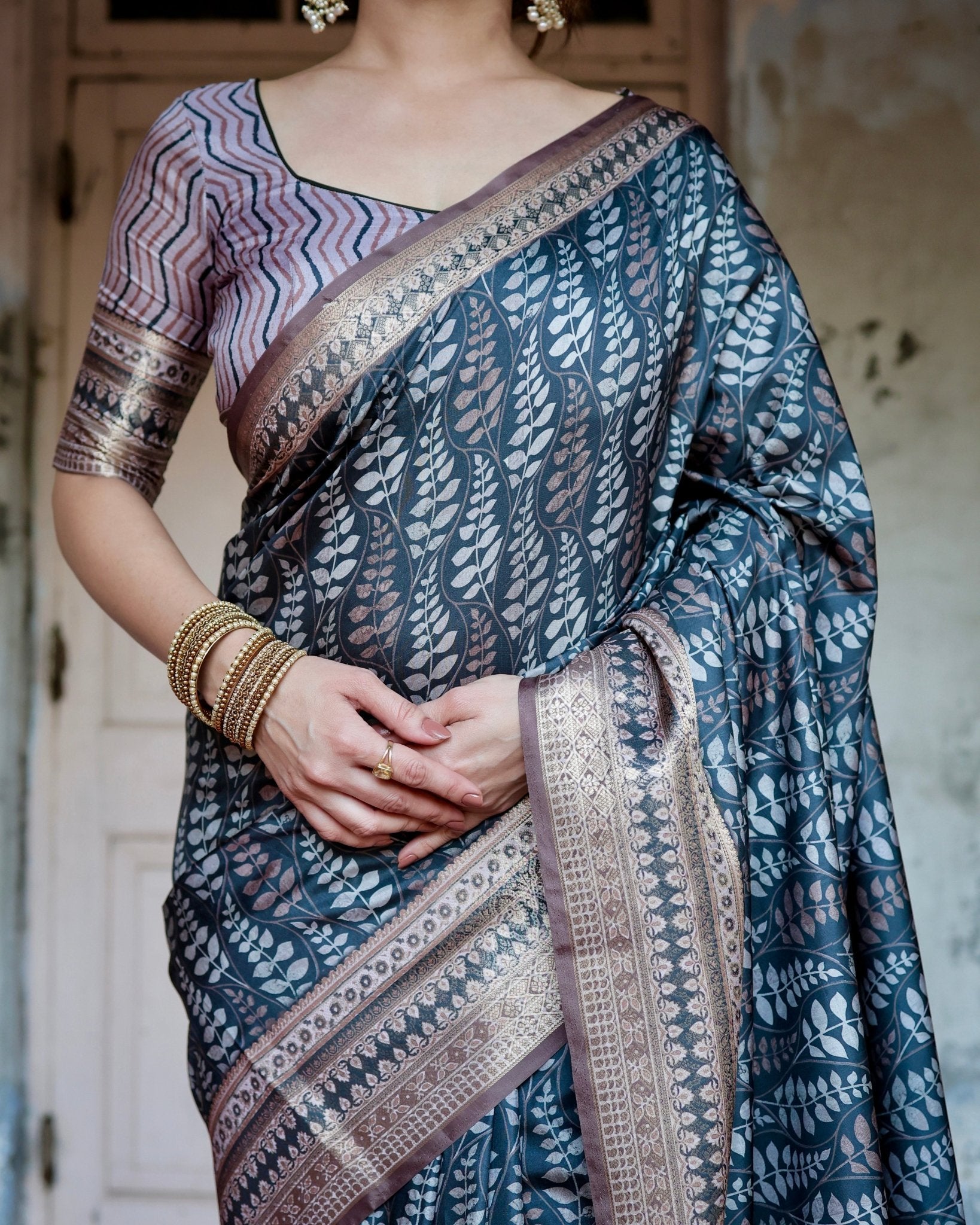 Pure Silk Digitally Printed Saree Weaved With Golden Zari Comes With Tassels