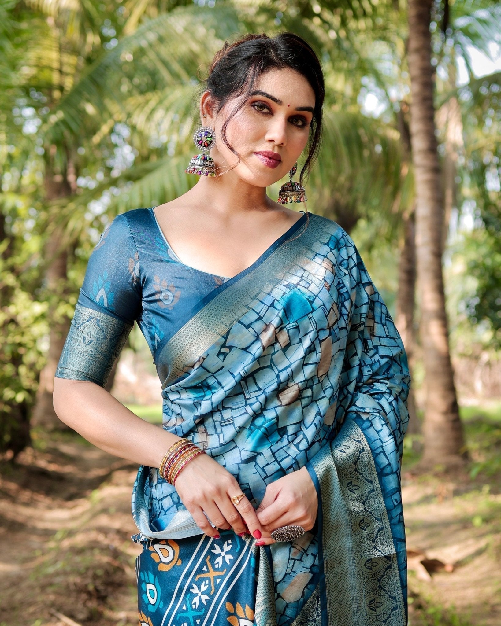 Pure Silk Digitally Printed Saree Weaved With Golden Zari Comes With Tassels