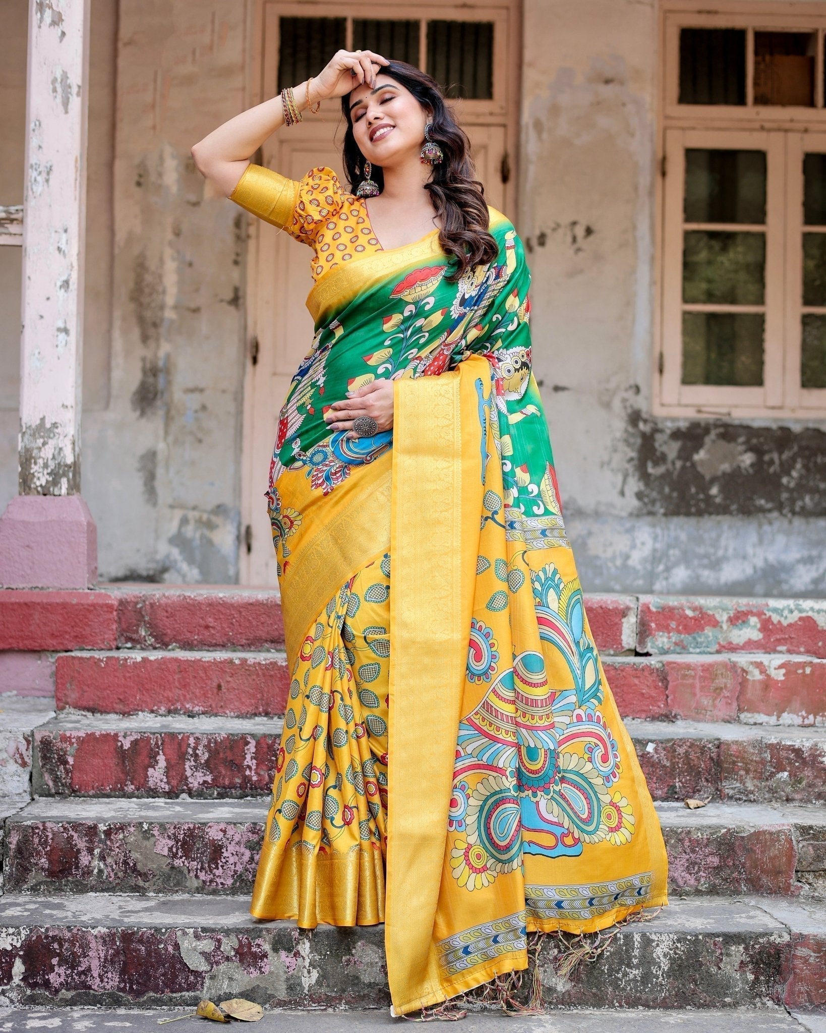 Pure Silk Digitally Printed Saree with Golden Zari and Tassels - Fashion Dream Studio