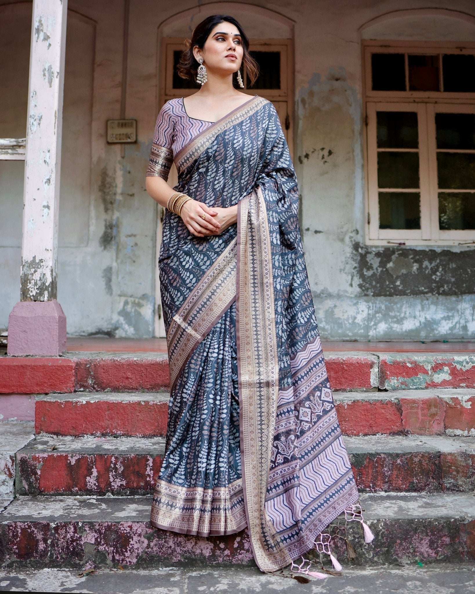 Pure Silk Digitally Printed Saree Weaved With Golden Zari Comes With Tassels