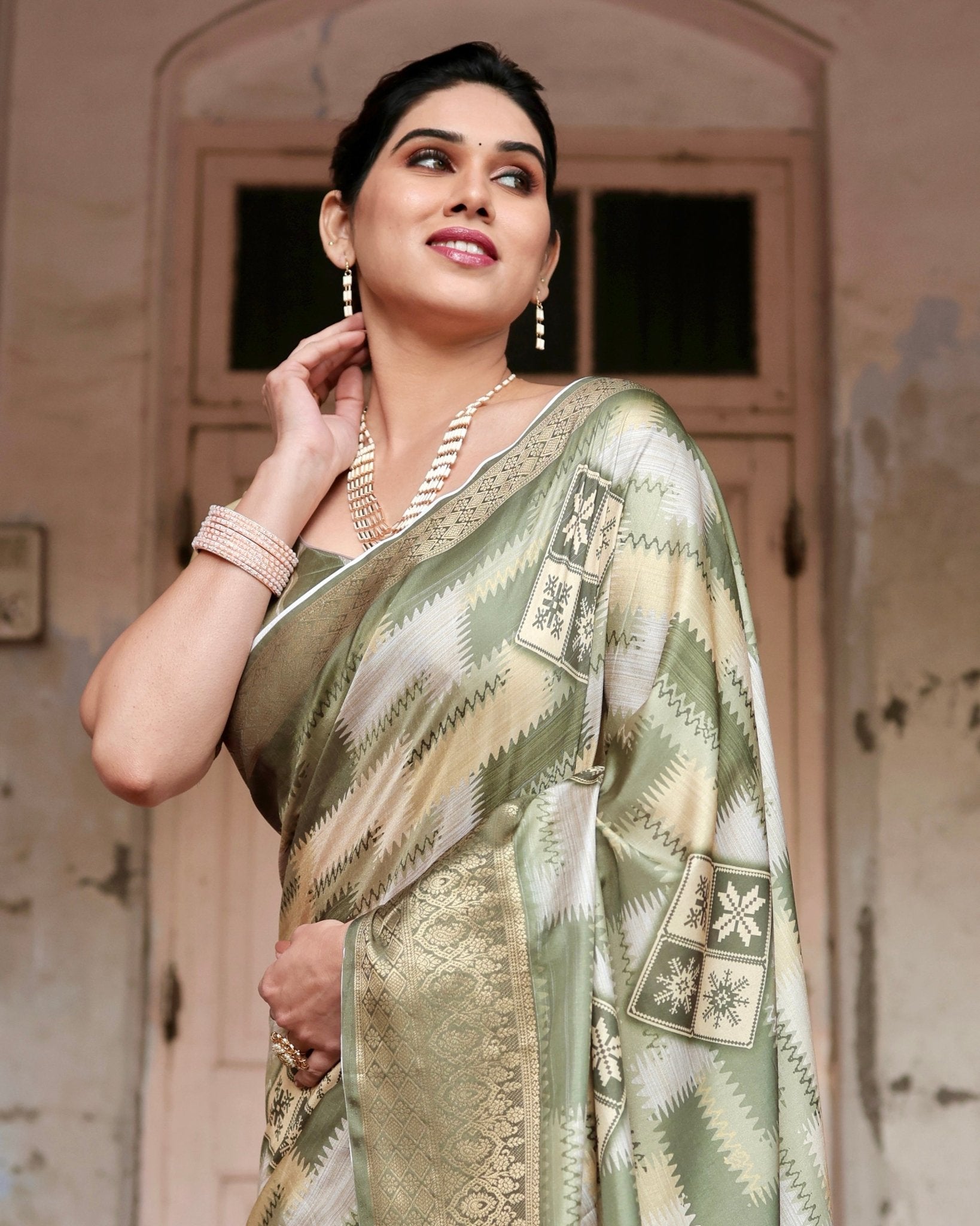 Olive Green Geometric Pure Silk Digital Print Saree with Gold Border and Tassels