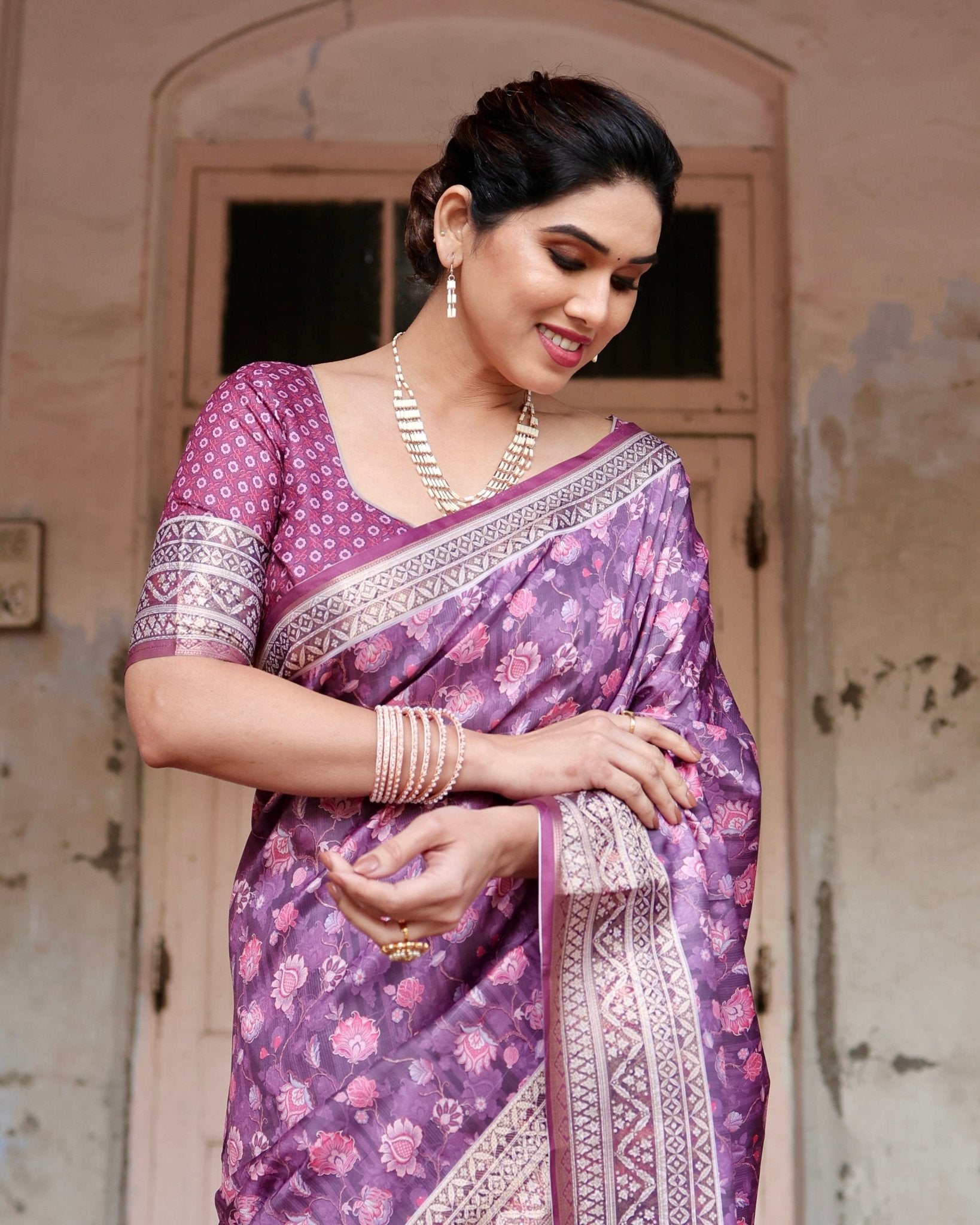 Purple Floral Pure Silk Digital Print Saree with Silver Border and Tassels - Fashion Dream Studio