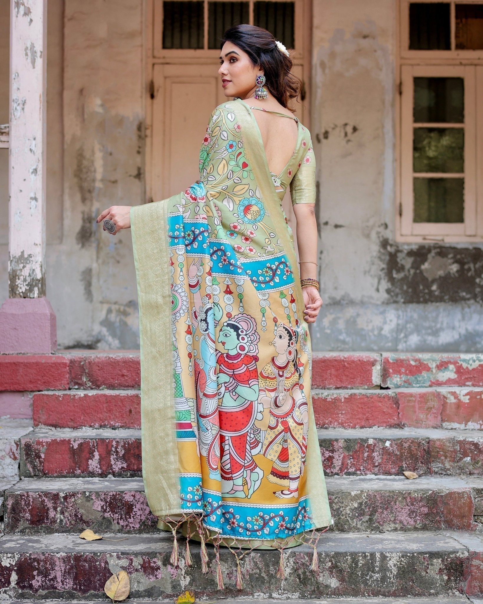 Pure Silk Digitally Printed Saree with Golden Zari and Tassels - Fashion Dream Studio