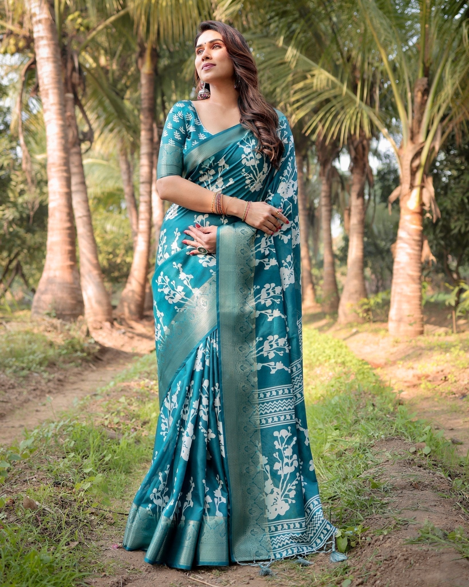 Pure Silk Digitally Printed Saree Weaved With Golden Zari Comes With Tassels - Fashion Dream Studio