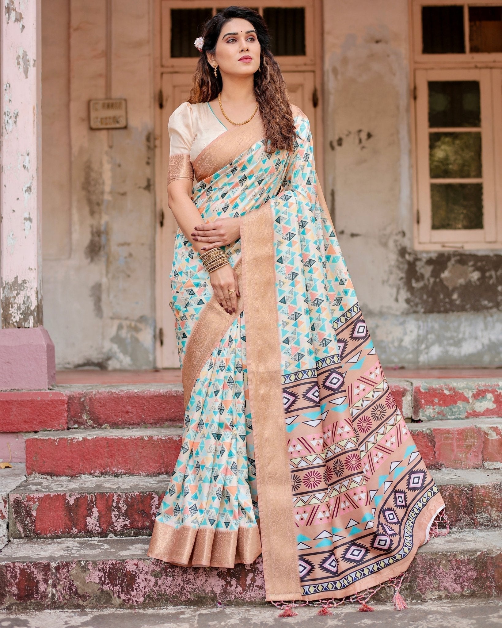 Pure Silk Digitally Printed Saree Weaved With Golden Zari Comes With Tassels