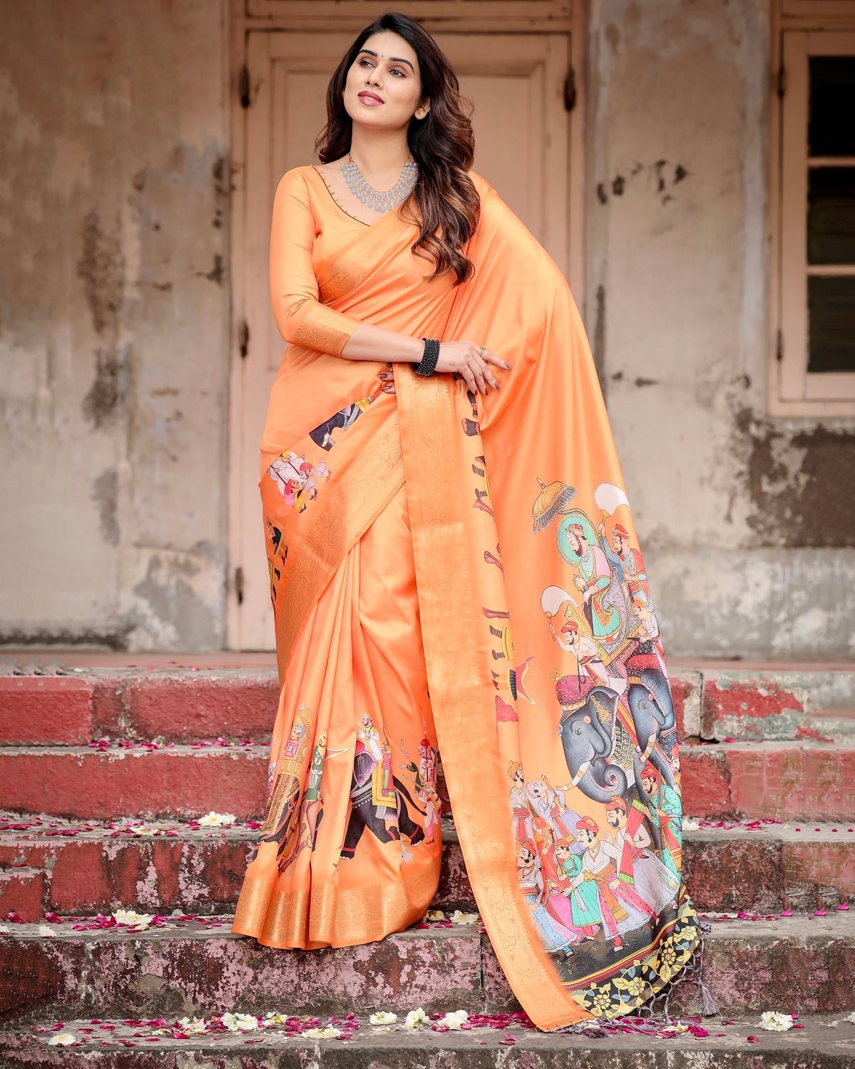 Pure Silk Digitally Printed Saree Weaved With Golden Zari Comes With Tassels