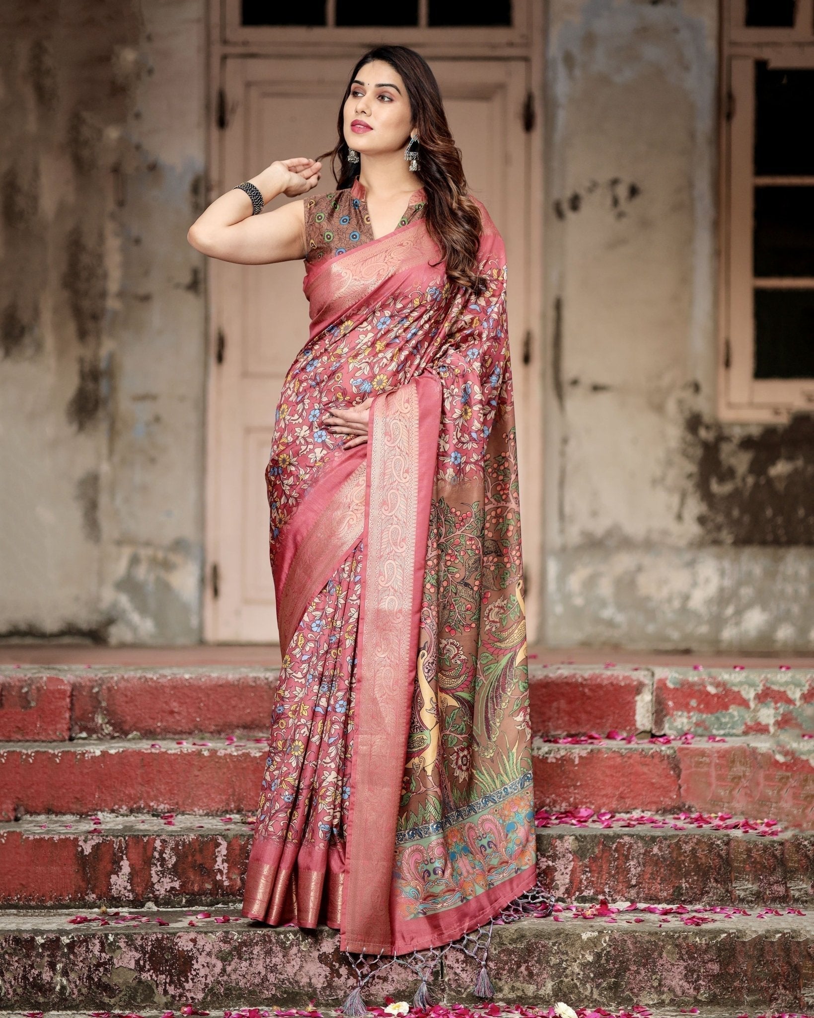 Pure Silk Digitally Printed Saree Weaved With Golden Zari Comes With Tassels - Fashion Dream Studio