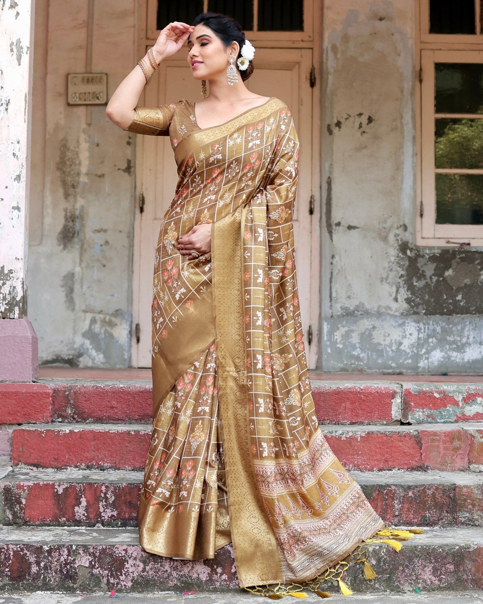 Pure Silk Digitally Printed Saree with Golden Zari and Tassels - Fashion Dream Studio