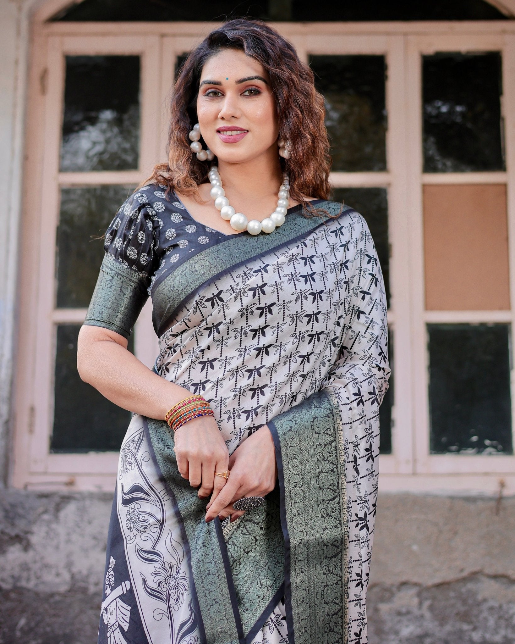 Pure Silk Digitally Printed Saree Weaved With Golden Zari Comes With Tassels - Fashion Dream Studio