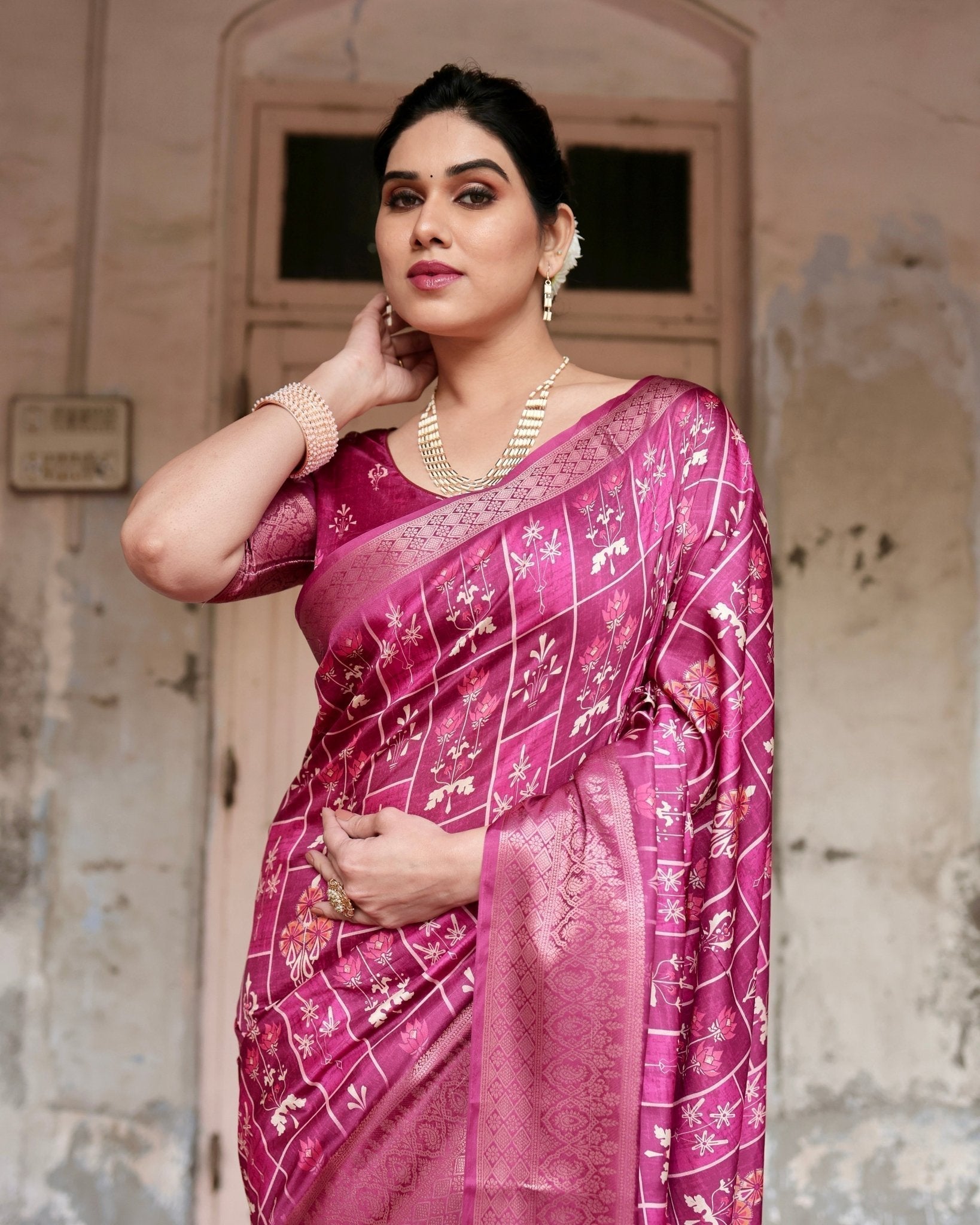 Pure Silk Digitally Printed Saree with Golden Zari and Tassels - Fashion Dream Studio