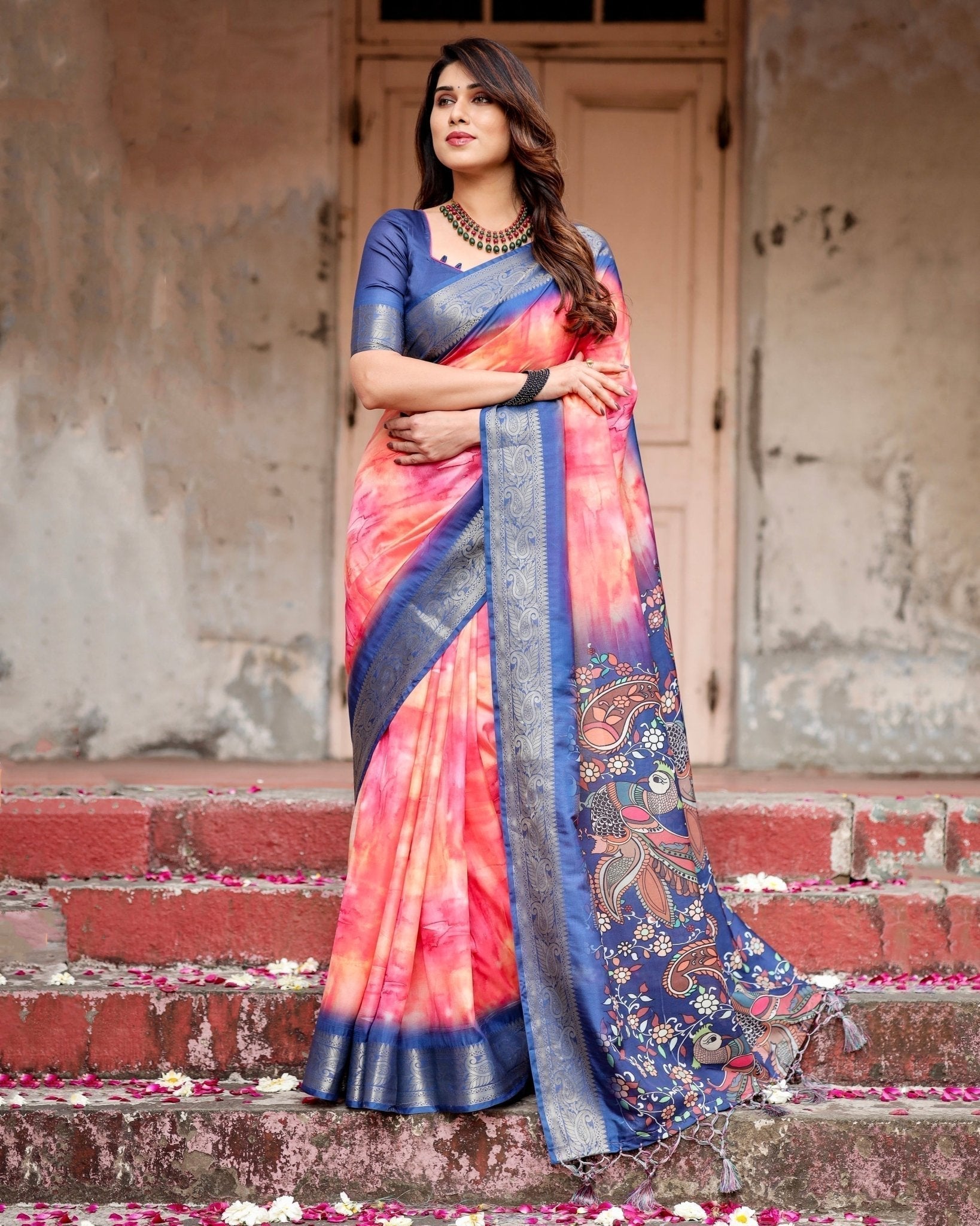 Pure Silk Digitally Printed Saree Weaved With Golden Zari Comes With Tassels - Fashion Dream Studio