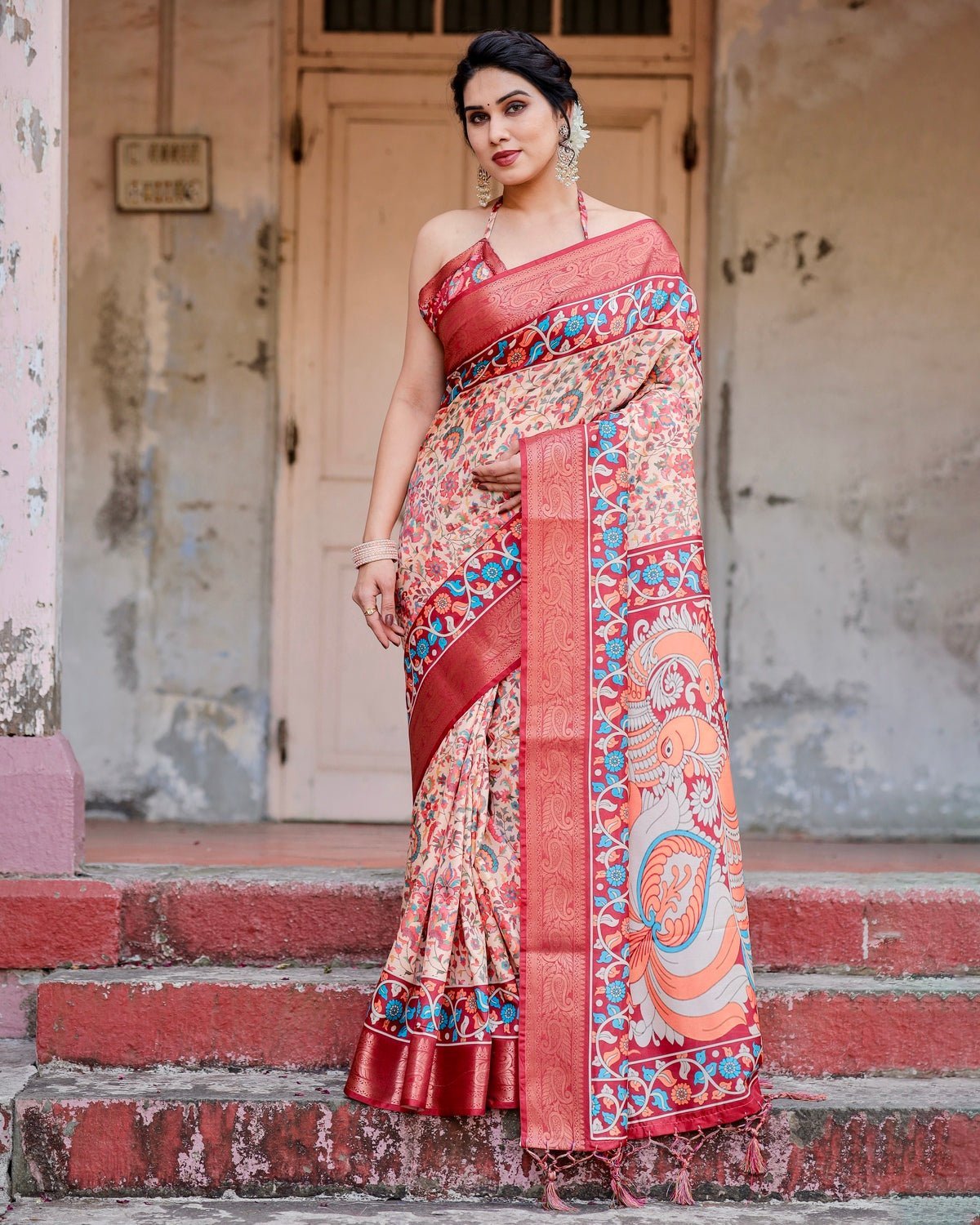 Pure Silk Digitally Printed Saree Weaved With Golden Zari Comes With Tassels