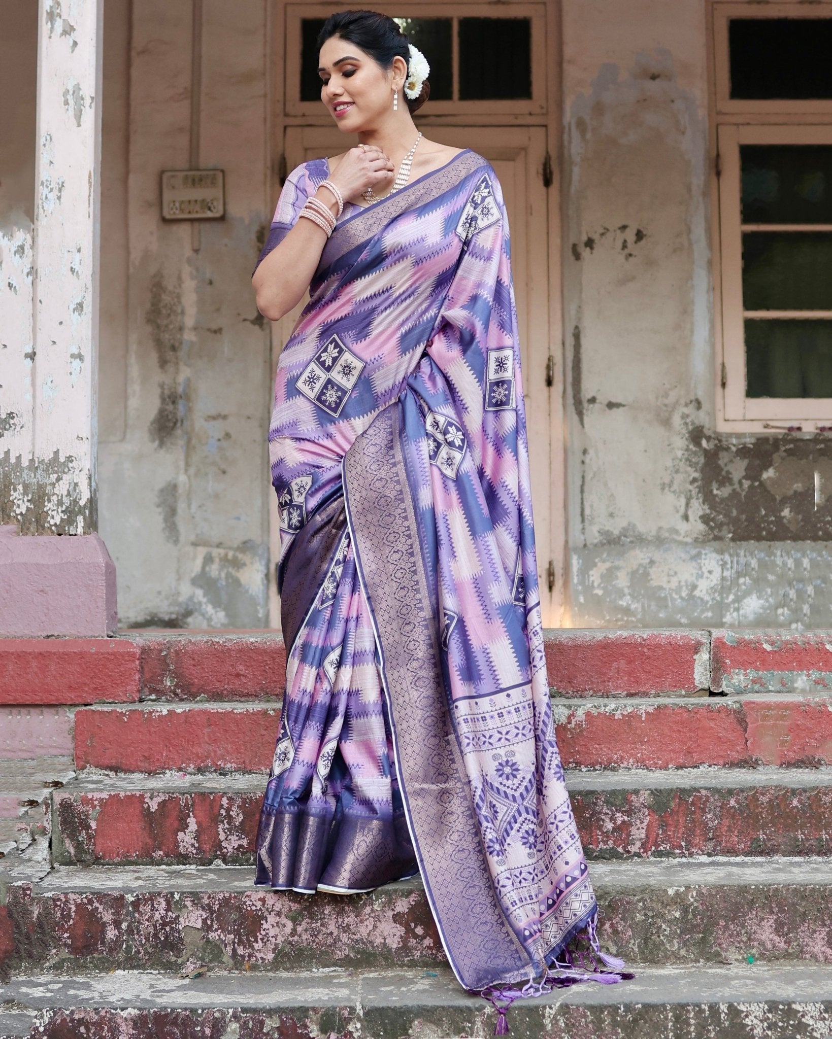 Purple and Pink Geometric Pure Silk Digital Print Saree with Gold Border and Tassels - Fashion Dream Studio