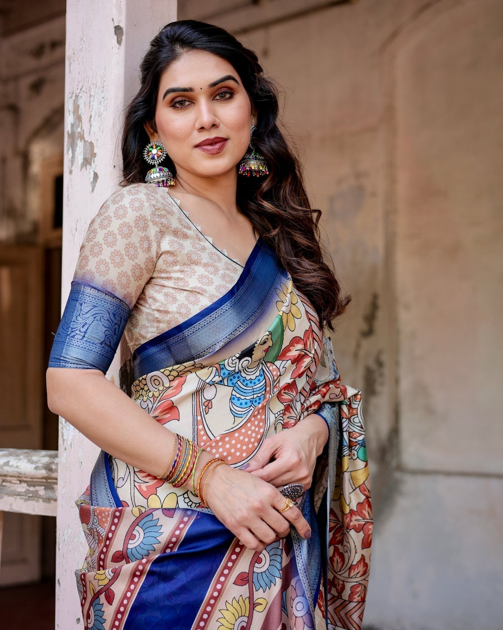 Pure Silk Digitally Printed Saree with Golden Zari and Tassels - Fashion Dream Studio