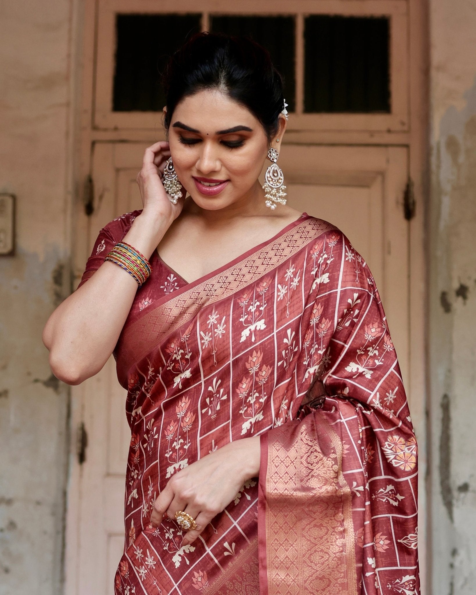 Pure Silk Digitally Printed Saree with Golden Zari and Tassels - Fashion Dream Studio