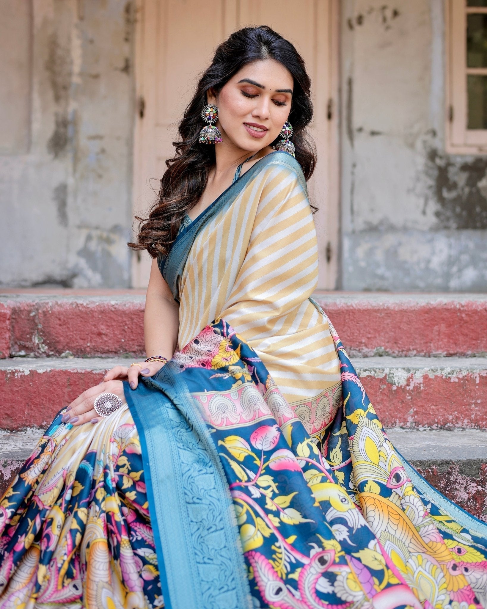 Pure Silk Digitally Printed Saree with Golden Zari and Tassels - Fashion Dream Studio