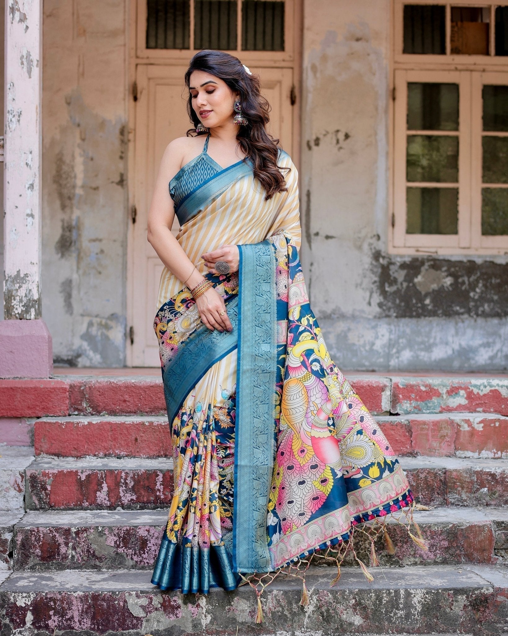 Pure Silk Digitally Printed Saree with Golden Zari and Tassels - Fashion Dream Studio