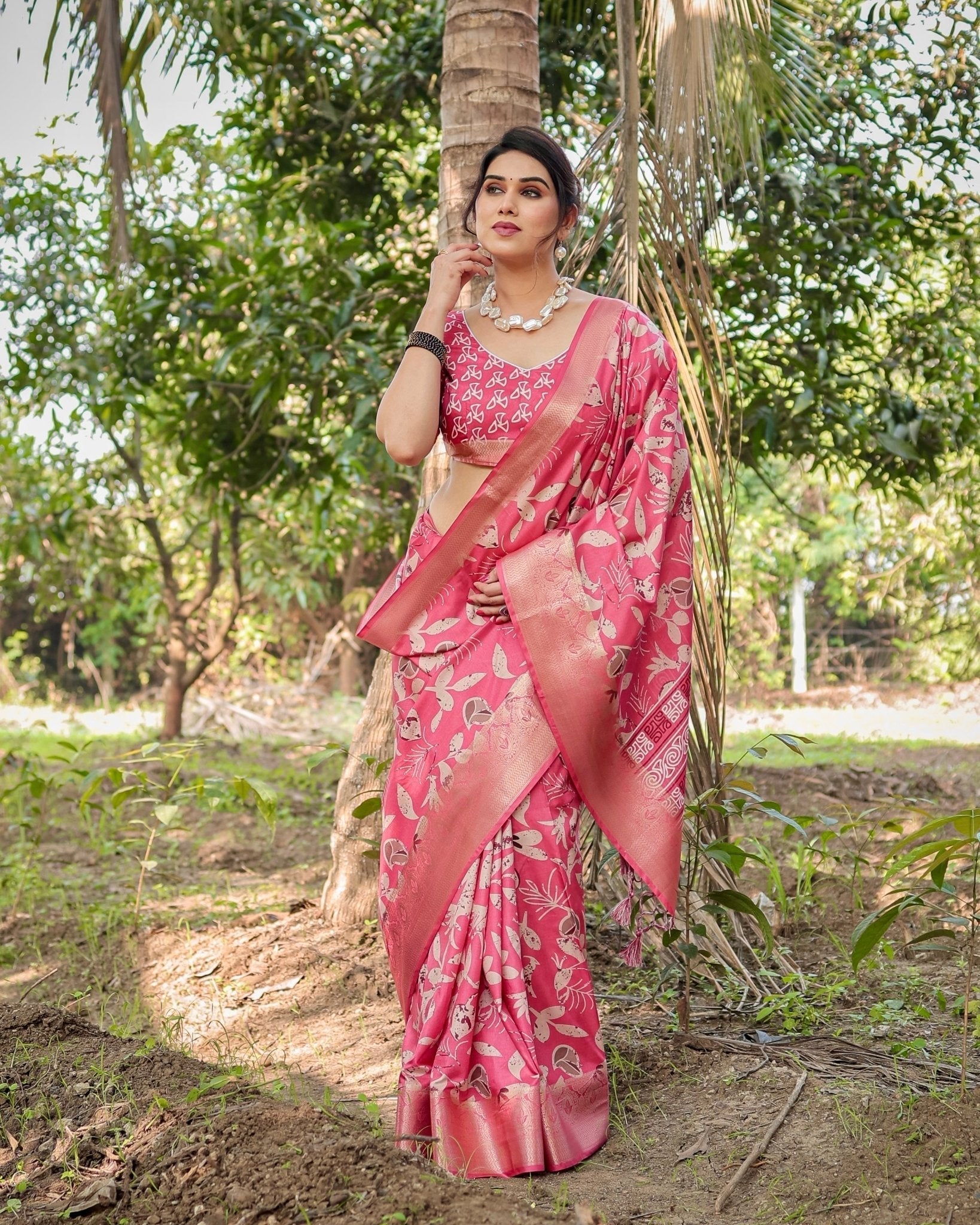 Pure Silk Digitally Printed Saree Weaved With Golden Zari Comes With Tassels