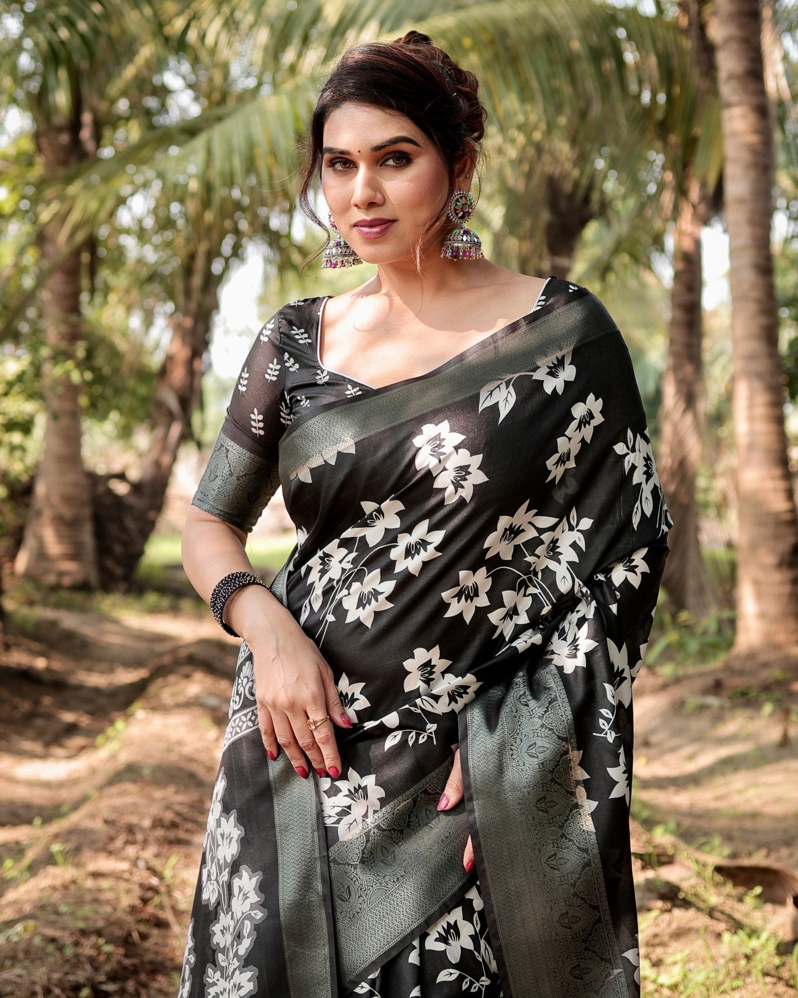 Pure Silk Digitally Printed Saree Weaved With Golden Zari Comes With Tassels - Fashion Dream Studio